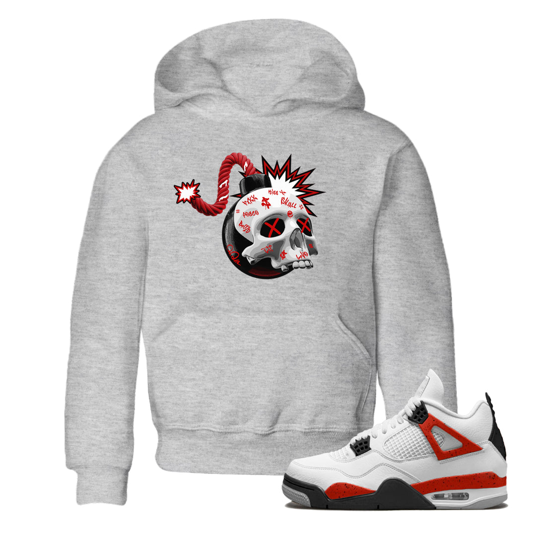 Air Jordan 4 Red Cement Sneaker Match Tees Skull Bomb Sneaker Tees AJ4 Retro OG Red Cement Sneaker Release Tees Kids Shirts Heather Grey 1