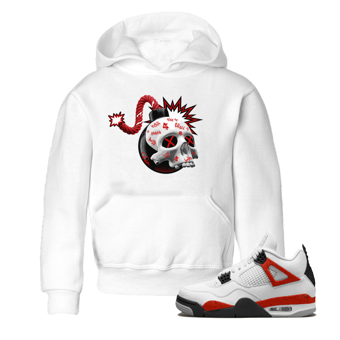 Air Jordan 4 Red Cement Sneaker Match Tees Skull Bomb Sneaker Tees AJ4 Retro OG Red Cement Sneaker Release Tees Kids Shirts White 1