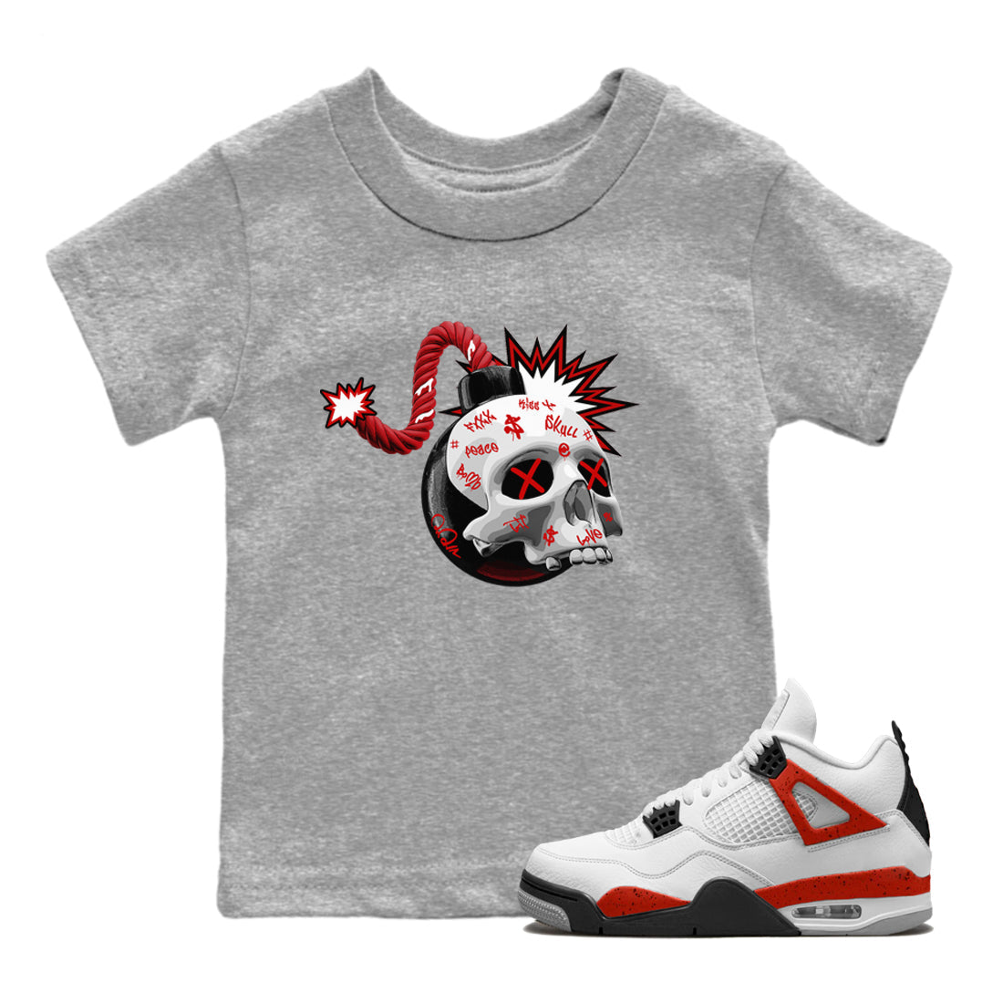 Air Jordan 4 Red Cement Sneaker Match Tees Skull Bomb Sneaker Tees AJ4 Retro OG Red Cement Sneaker Release Tees Kids Shirts Heather Grey 1
