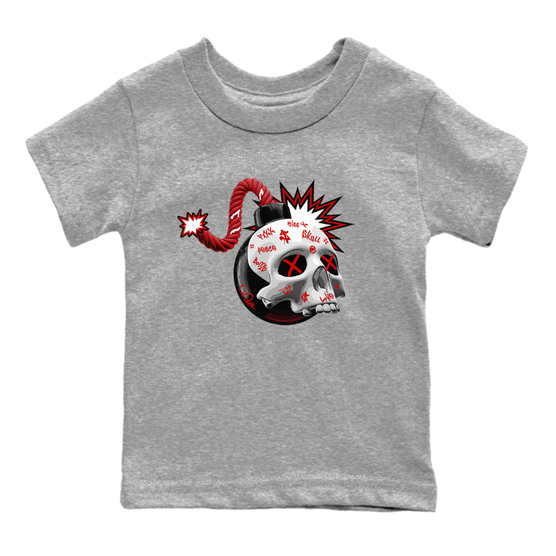Air Jordan 4 Red Cement Sneaker Match Tees Skull Bomb Sneaker Tees AJ4 Retro OG Red Cement Sneaker Release Tees Kids Shirts Heather Grey 2