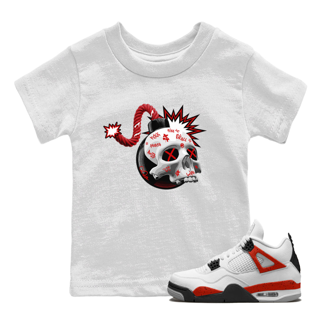 Air Jordan 4 Red Cement Sneaker Match Tees Skull Bomb Sneaker Tees AJ4 Retro OG Red Cement Sneaker Release Tees Kids Shirts White 1
