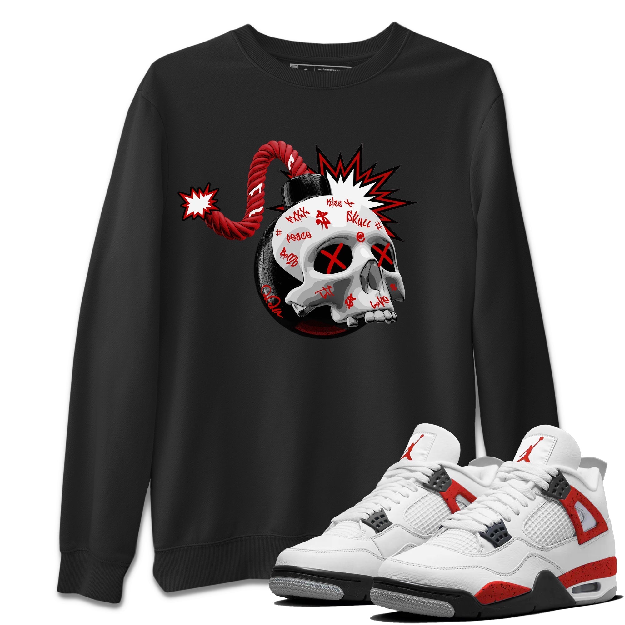 Air Jordan 4 Red Cement Sneaker Match Tees Skull Bomb Sneaker Tees AJ4 Retro OG Red Cement Sneaker Release Tees Unisex Shirts Black 1