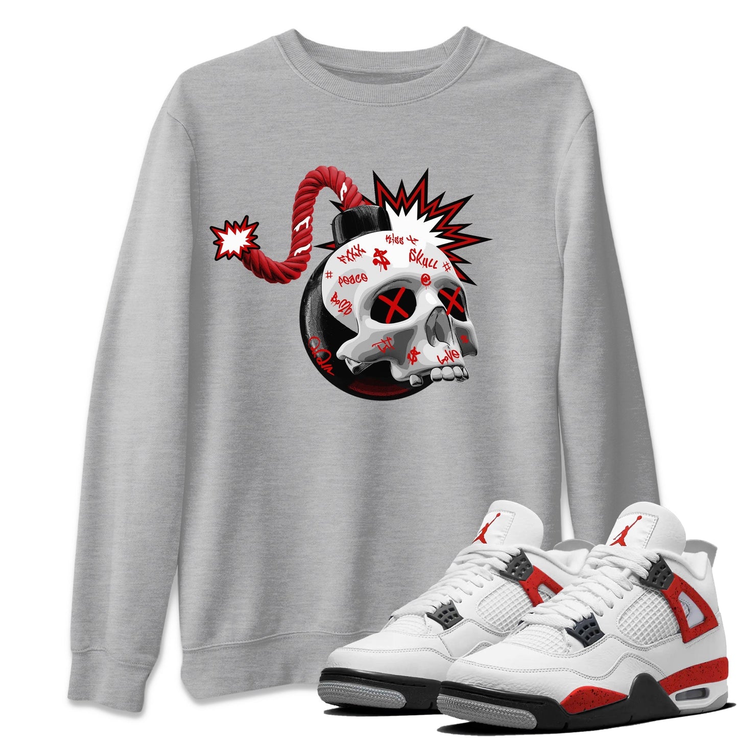Air Jordan 4 Red Cement Sneaker Match Tees Skull Bomb Sneaker Tees AJ4 Retro OG Red Cement Sneaker Release Tees Unisex Shirts Heather Grey 1