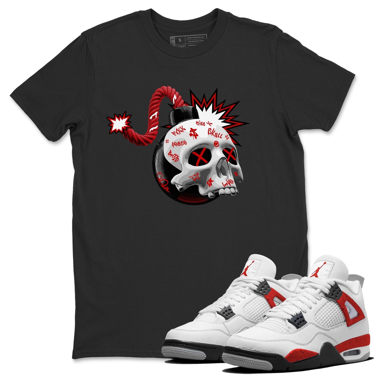 Air Jordan 4 Red Cement Sneaker Match Tees Skull Bomb Sneaker Tees AJ4 Retro OG Red Cement Sneaker Release Tees Unisex Shirts Black 1