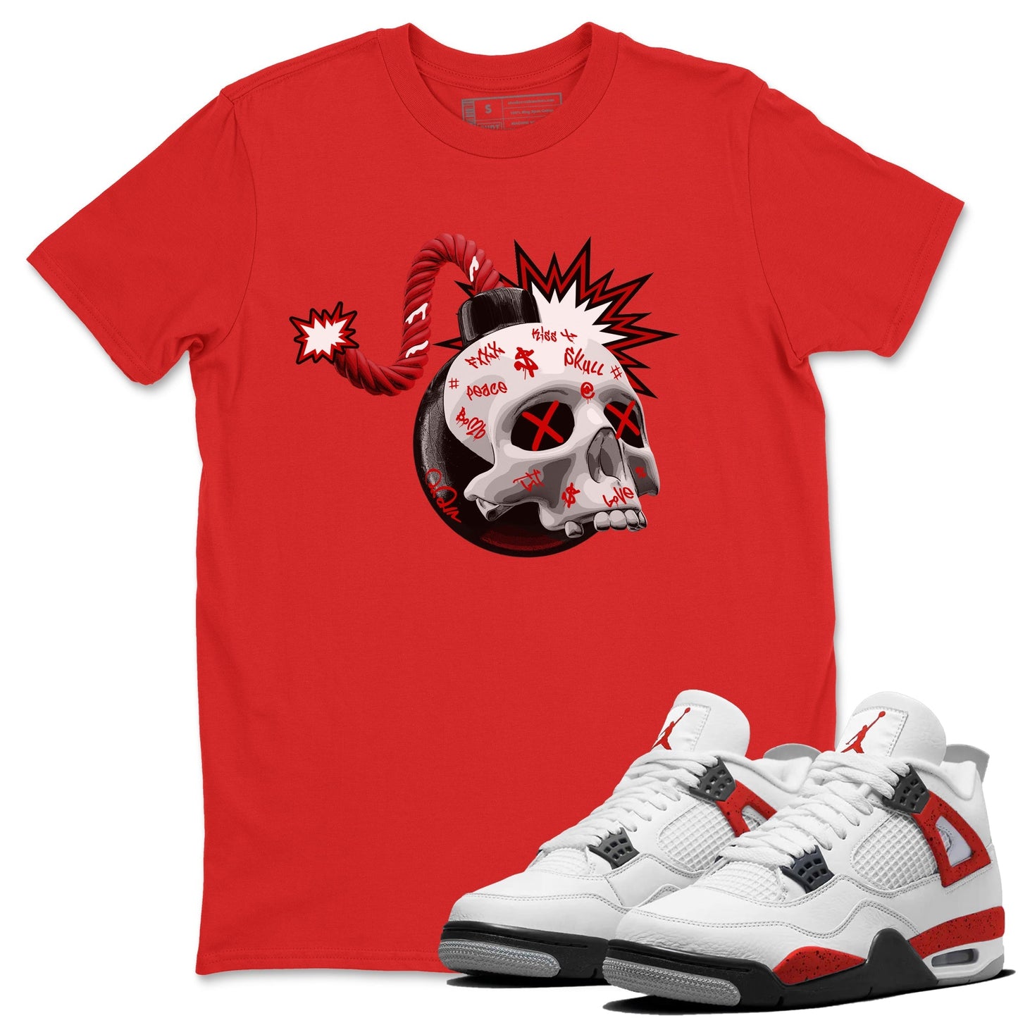 Air Jordan 4 Red Cement Sneaker Match Tees Skull Bomb Sneaker Tees AJ4 Retro OG Red Cement Sneaker Release Tees Unisex Shirts Red 1