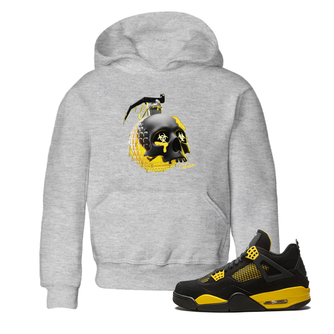 Air Jordan 4 Thunder Sneaker Tees Drip Gear Zone Skull Bomb Sneaker Tees AJ4 Thunder Jumpman Shirt Kids Shirts Heather Grey 1