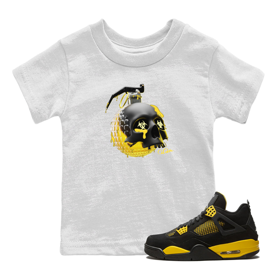 Air Jordan 4 Thunder Sneaker Tees Drip Gear Zone Skull Bomb Sneaker Tees AJ4 Thunder Jumpman Shirt Kids Shirts White 1