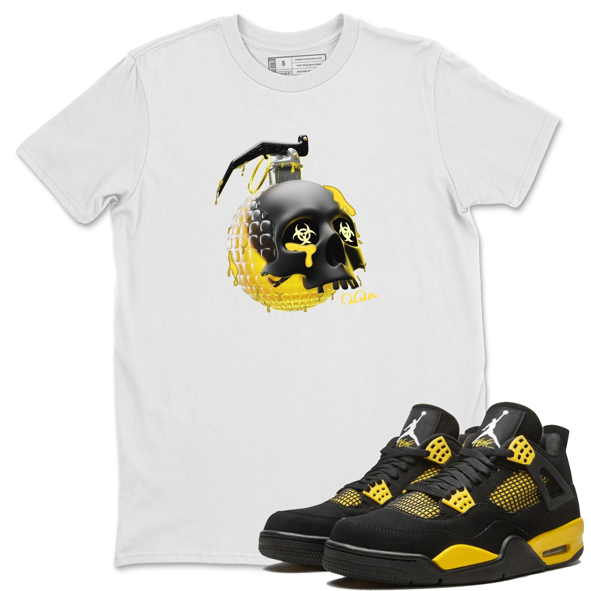 Air Jordan 4 Thunder Sneaker Tees Drip Gear Zone Skull Bomb Sneaker Tees AJ4 Thunder Jumpman Shirt Unisex Shirts White 1