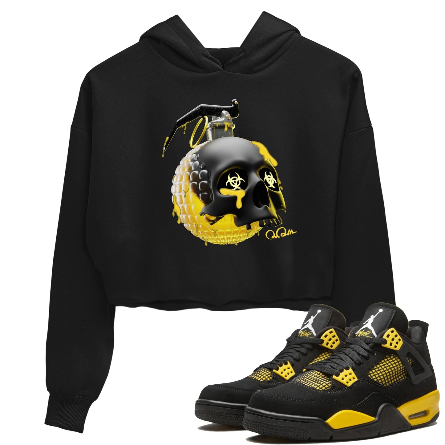 Air Jordan 4 Thunder Sneaker Tees Drip Gear Zone Skull Bomb Sneaker Tees AJ4 Thunder Jumpman Shirt Women's Shirts Black 1