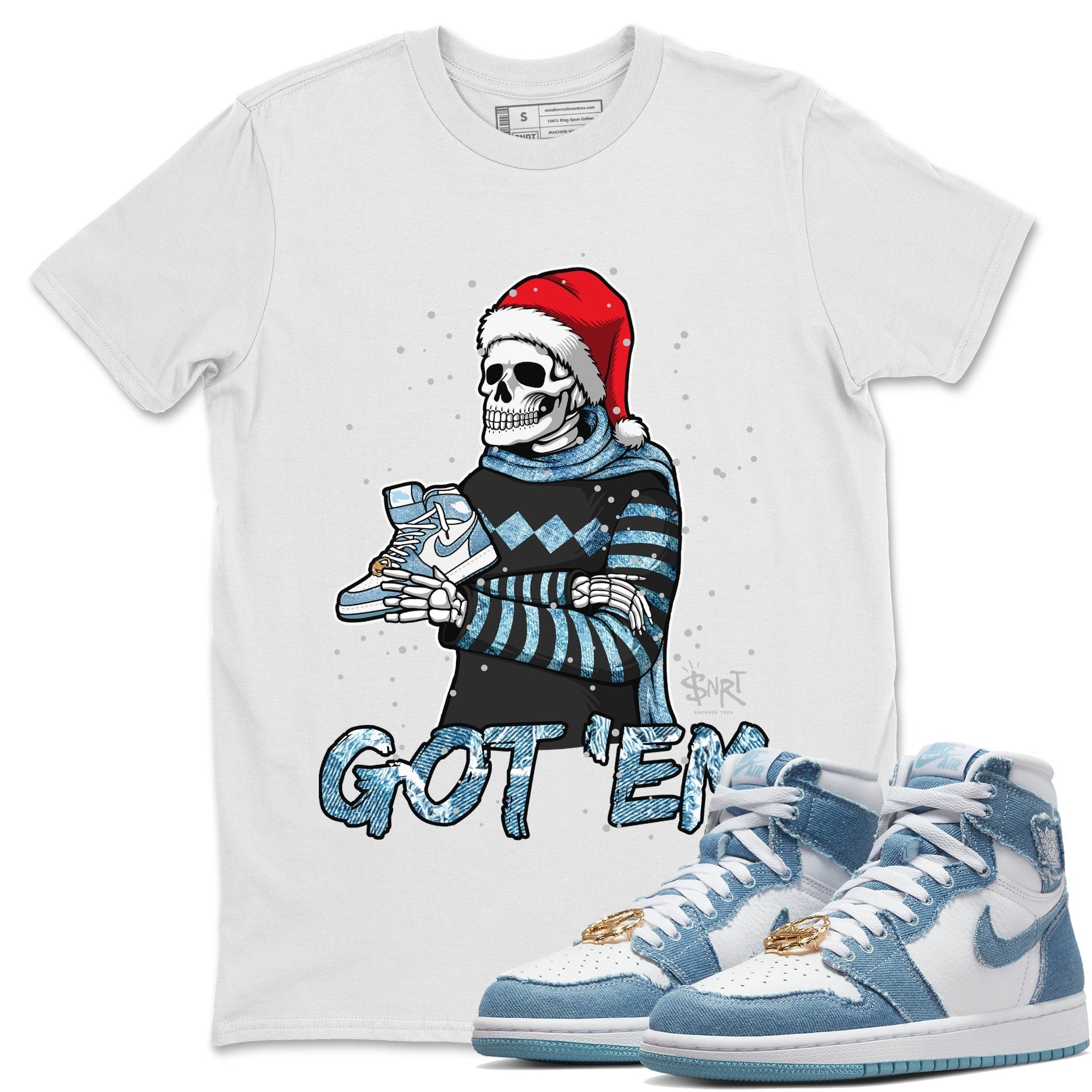 Jordan 1 Denim Sneaker Matching T-Shirt Skull Got Em Sneaker Tees Jordan 1 Denim Sneaker Release Tees Crew Neck Tees