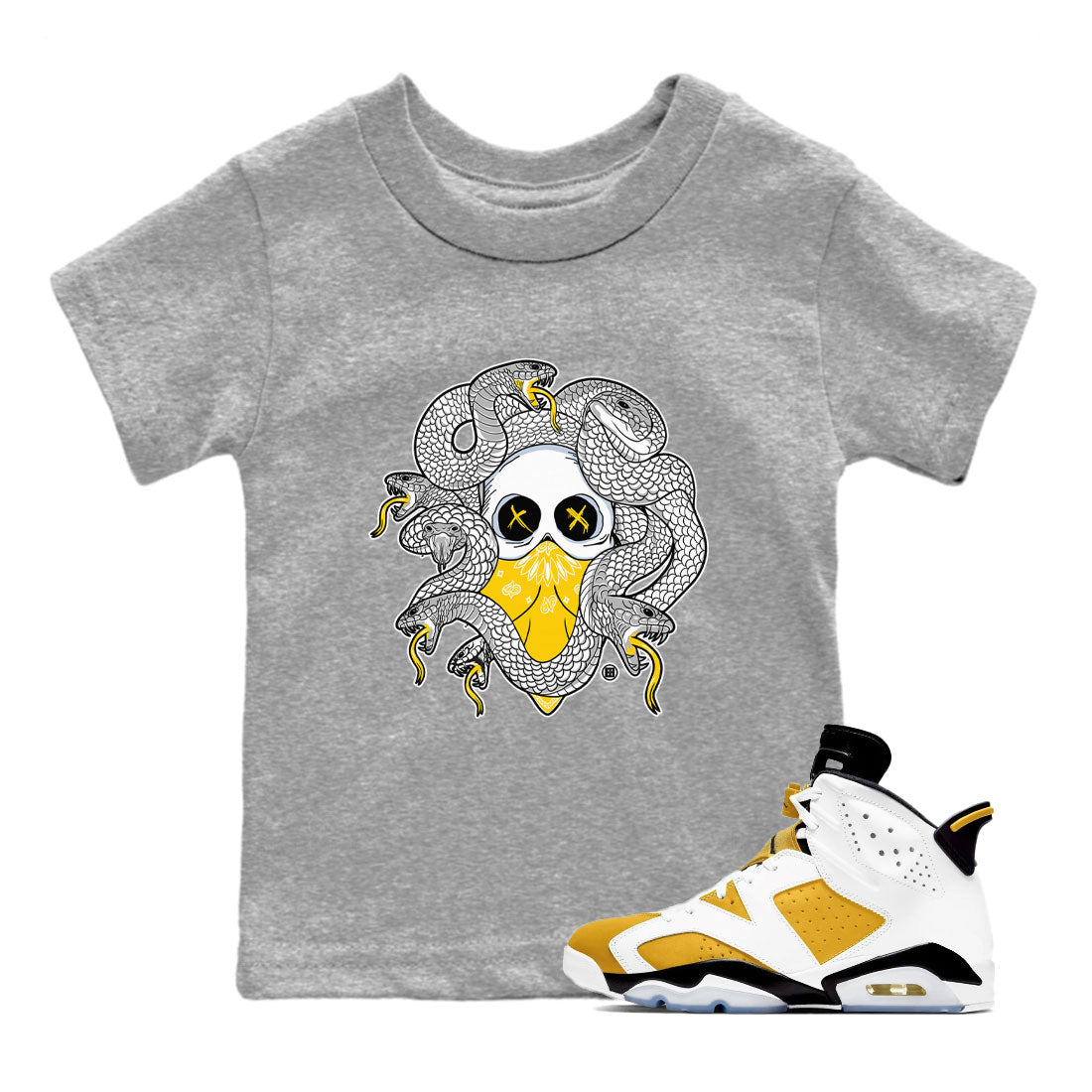 Air Jordan 6 Yellow Ochre shirt to match jordans Skull Medusa sneaker tees streetwear brand 6s Yellow Ochre Drip Gear Zone Brand Casual Crew Neck T-Shirt Baby Toddler Heather Grey 1 T-Shirt
