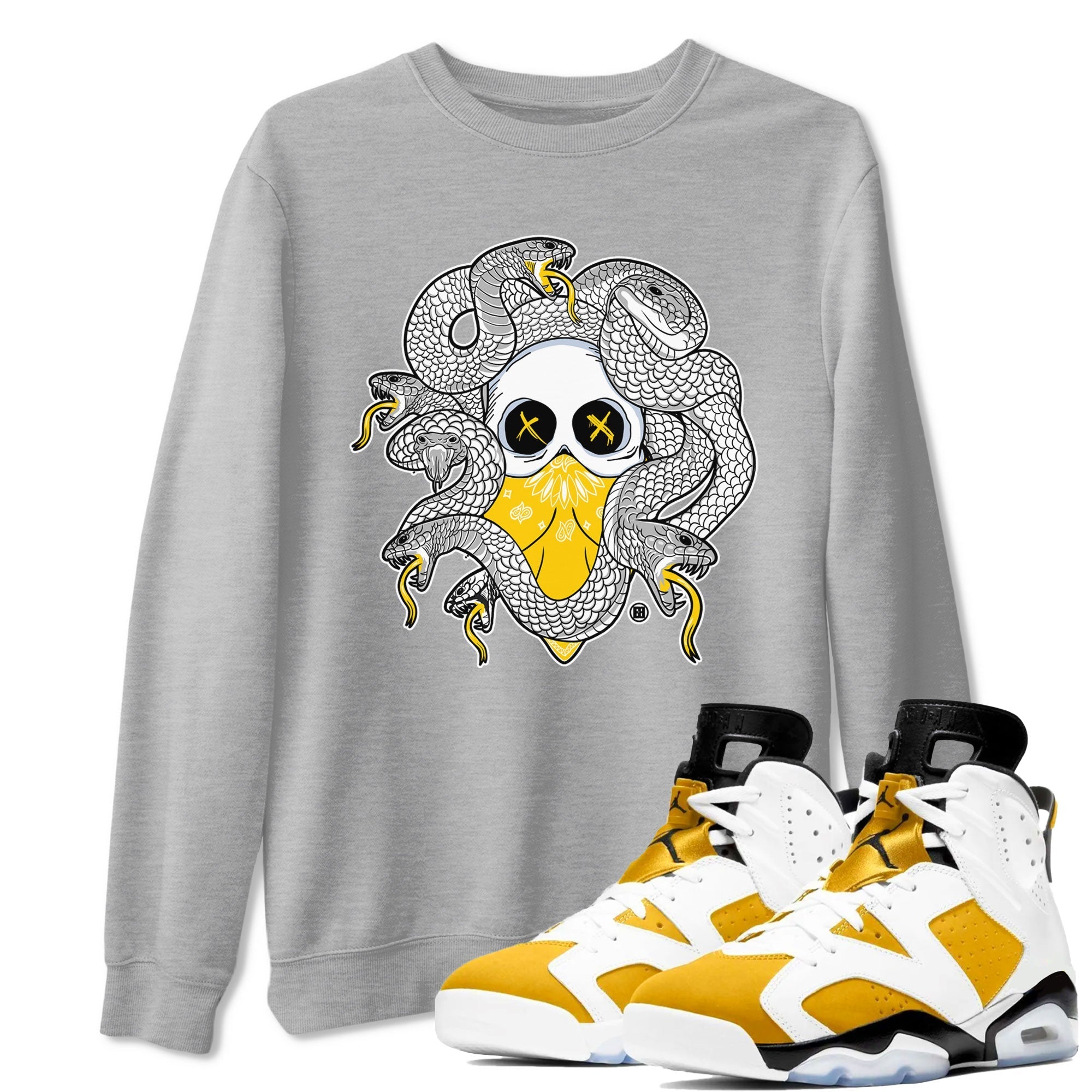 Air Jordan 6 Yellow Ochre shirt to match jordans Skull Medusa sneaker tees streetwear brand 6s Yellow Ochre Drip Gear Zone Brand Casual Crew Neck T-Shirt Unisex Heather Grey 1 T-Shirt