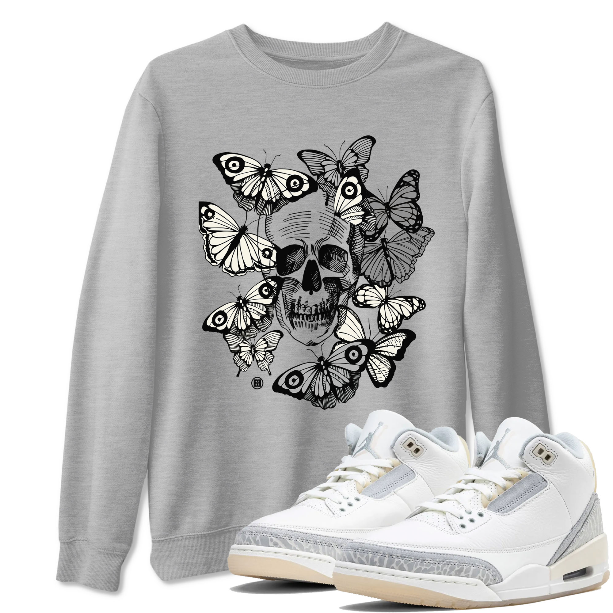 Jordan 3 Carft 'Ivory' shirt to match jordans Skull With Butterflies sneaker tees Air Jordan 3 Ivory Drip Gear Zone Streetwear unisex cotton Heather Grey 1 crew neck shirt