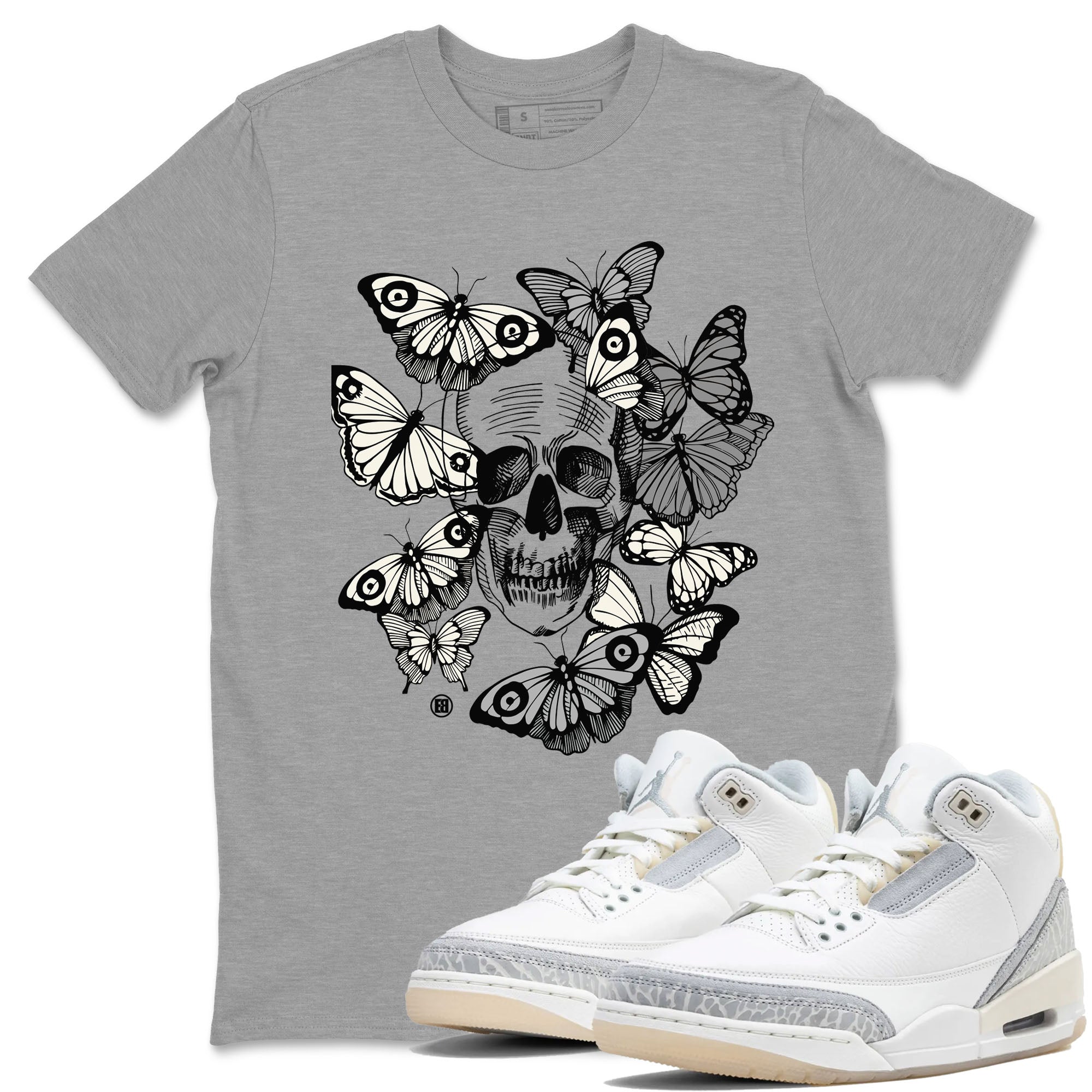 Jordan 3 Carft 'Ivory' shirt to match jordans Skull With Butterflies sneaker tees Air Jordan 3 Ivory Drip Gear Zone Streetwear unisex cotton Heather Grey 1 crew neck shirt