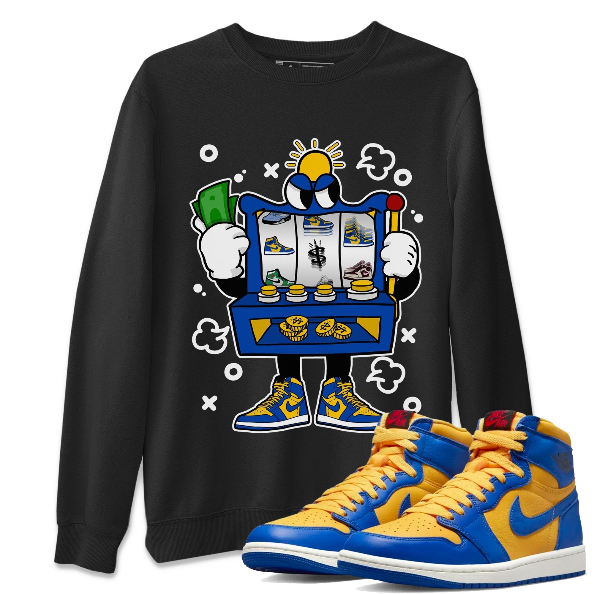 Jordan 1 Game Royal Varsity Maize Sneaker Matching T-Shirt Slot Machine Sneaker Tees Jordan 1 Game Royal Varsity Maize Sneaker Release Tees Crew Neck Tees