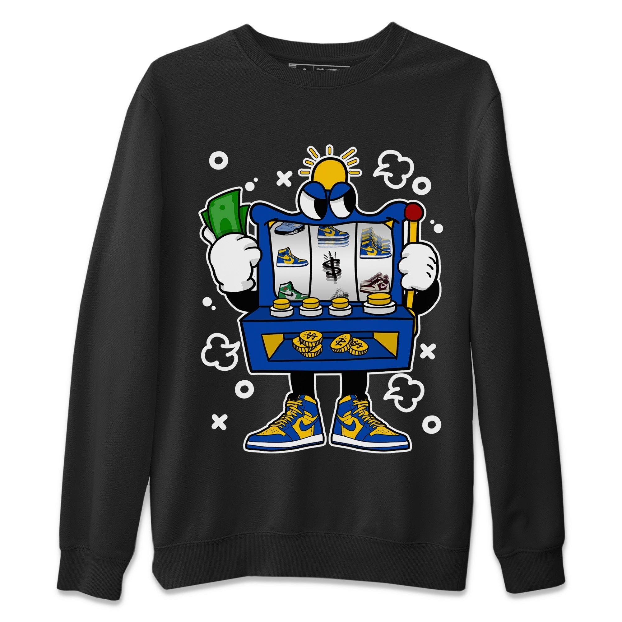 Jordan 1 Game Royal Varsity Maize Sneaker Matching T-Shirt Slot Machine Sneaker Tees Jordan 1 Game Royal Varsity Maize Sneaker Release Tees Crew Neck Tees