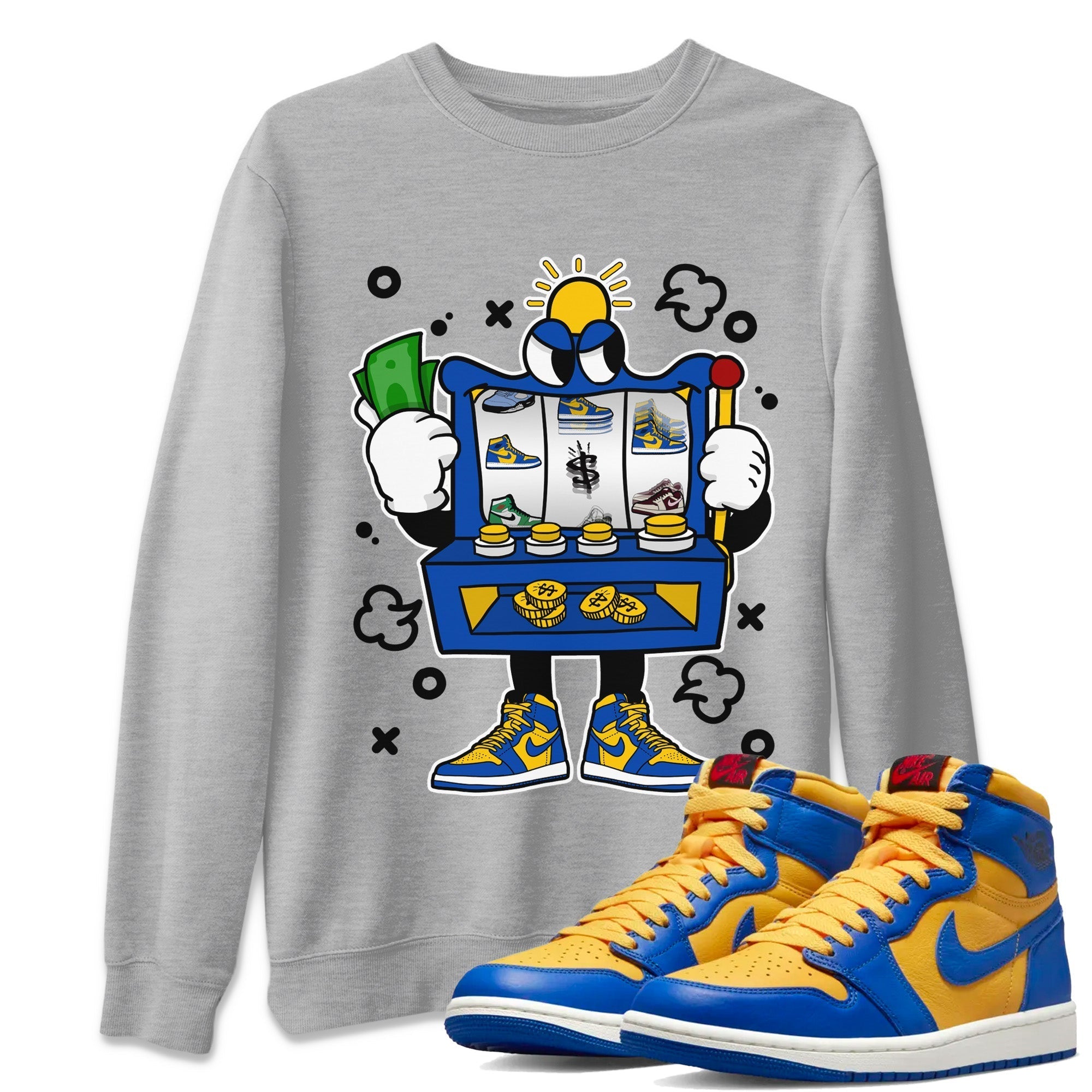 Jordan 1 Game Royal Varsity Maize Sneaker Matching T-Shirt Slot Machine Sneaker Tees Jordan 1 Game Royal Varsity Maize Sneaker Release Tees Crew Neck Tees