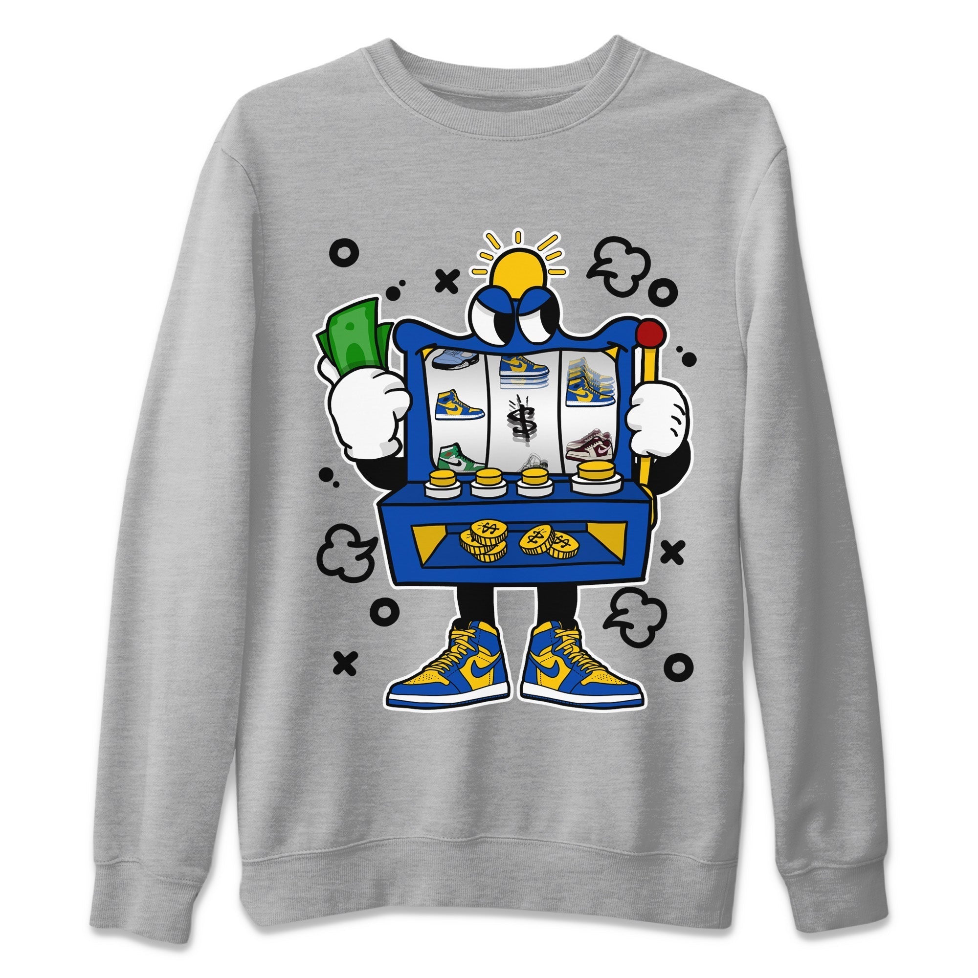 Jordan 1 Game Royal Varsity Maize Sneaker Matching T-Shirt Slot Machine Sneaker Tees Jordan 1 Game Royal Varsity Maize Sneaker Release Tees Crew Neck Tees