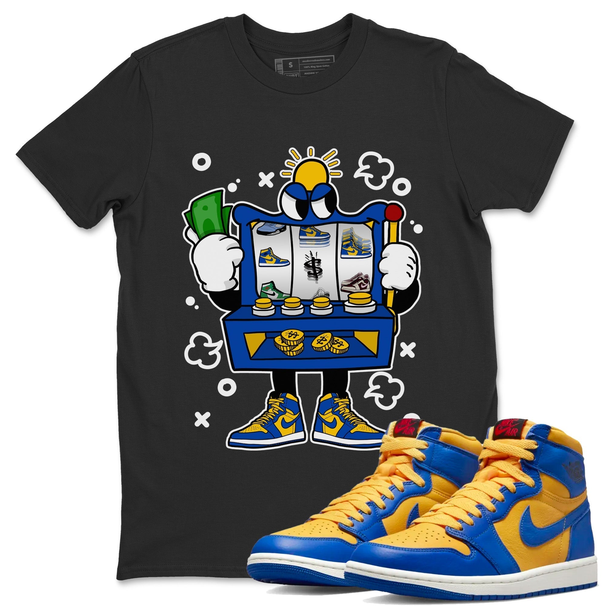 Jordan 1 Game Royal Varsity Maize Sneaker Matching T-Shirt Slot Machine Sneaker Tees Jordan 1 Game Royal Varsity Maize Sneaker Release Tees Crew Neck Tees