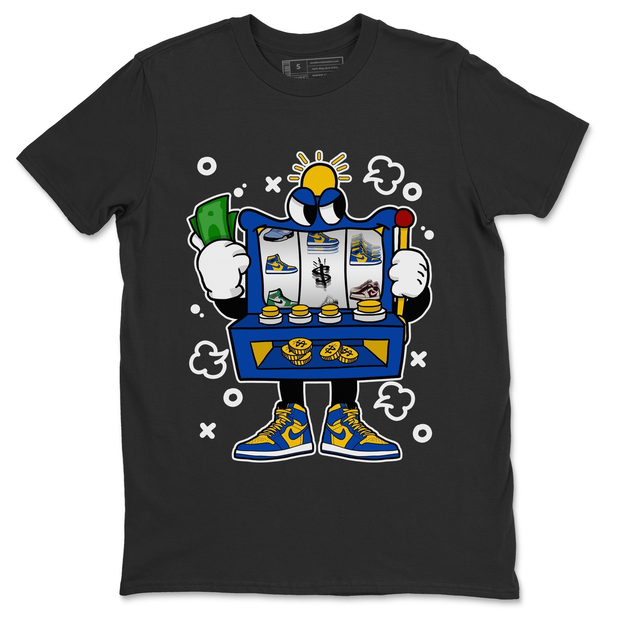 Jordan 1 Game Royal Varsity Maize Sneaker Matching T-Shirt Slot Machine Sneaker Tees Jordan 1 Game Royal Varsity Maize Sneaker Release Tees Crew Neck Tees