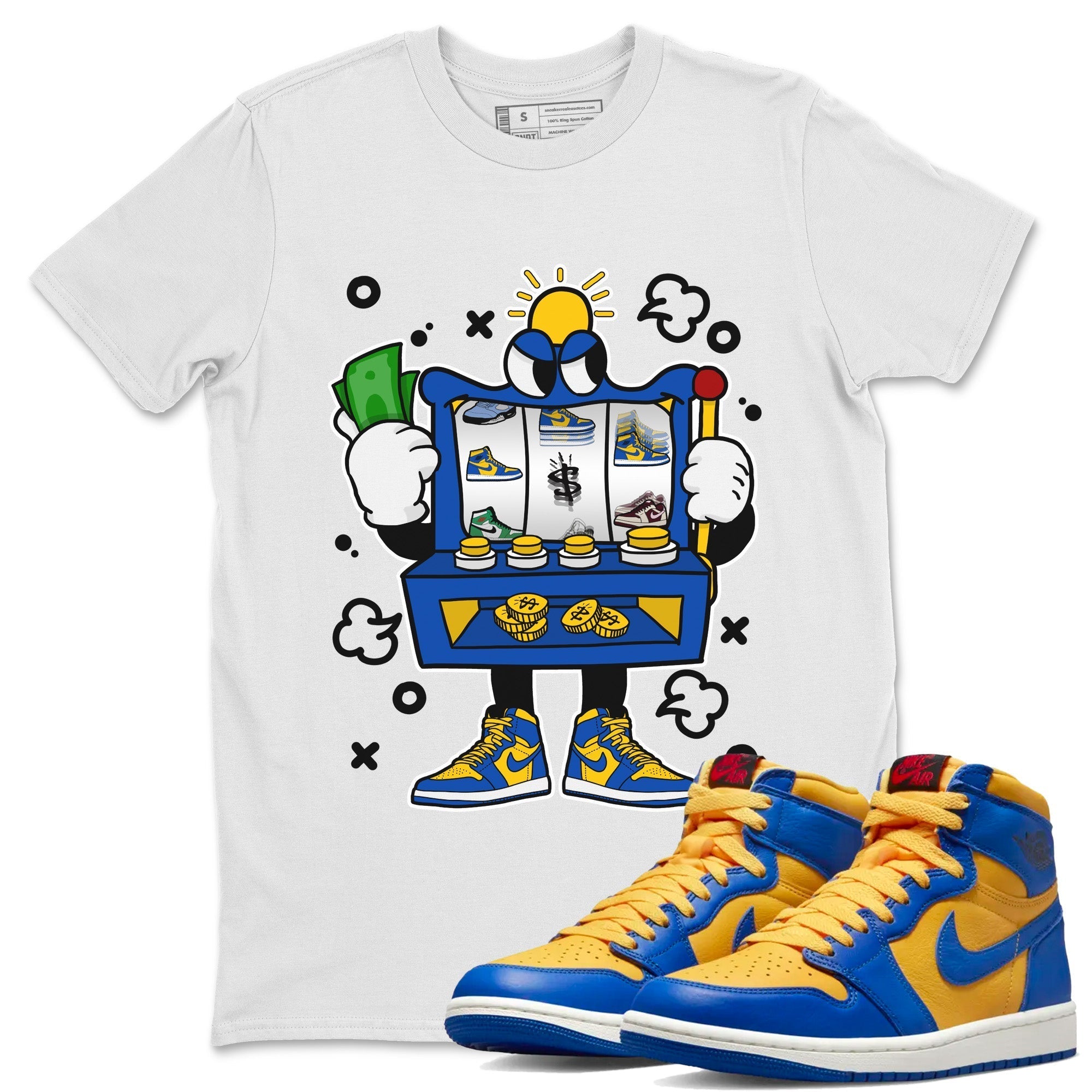 Jordan 1 Game Royal Varsity Maize Sneaker Matching T-Shirt Slot Machine Sneaker Tees Jordan 1 Game Royal Varsity Maize Sneaker Release Tees Crew Neck Tees