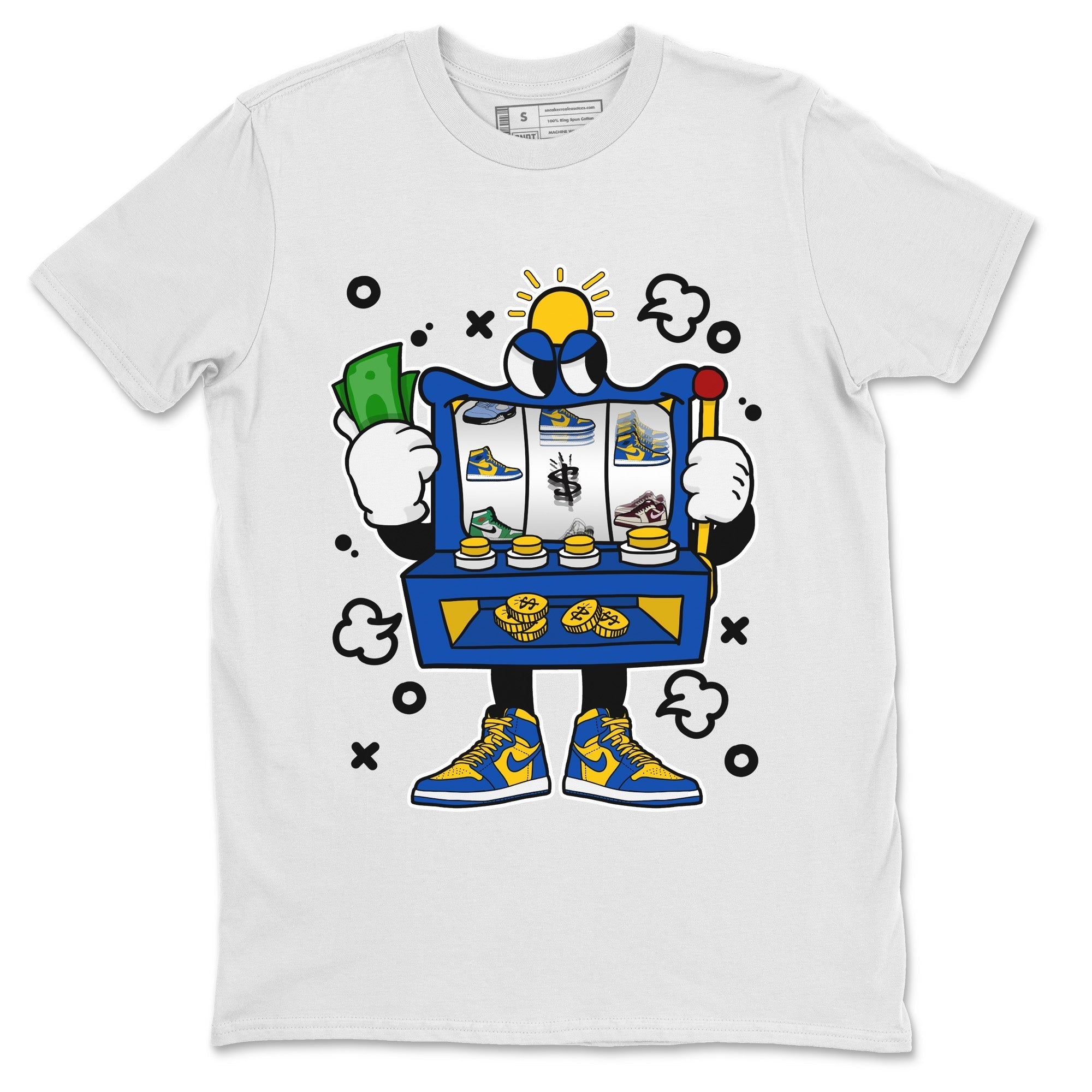 Jordan 1 Game Royal Varsity Maize Sneaker Matching T-Shirt Slot Machine Sneaker Tees Jordan 1 Game Royal Varsity Maize Sneaker Release Tees Crew Neck Tees