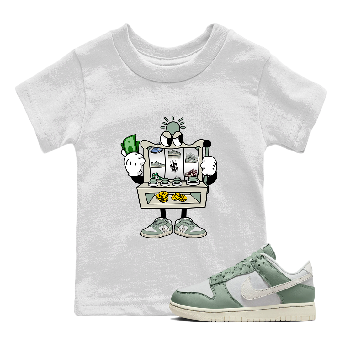 Dunk Low Mica Green Sneaker Match Tees Slot Machine Streetwear Sneaker Shirt Dunk Mica Green Sneaker Release Tees Kids Shirts White 1