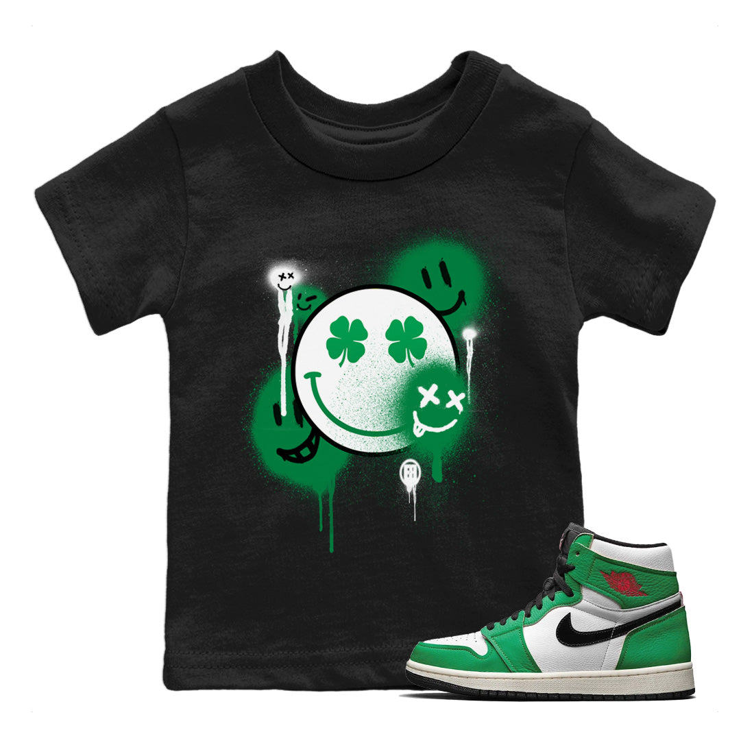 Jordan 1 Lucky Green Sneaker Matching T-Shirt Smile Painting Sneaker Tees Jordan 1 Lucky Green Sneaker Release Tees Kids Shirts