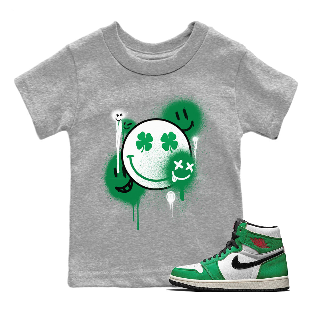 Jordan 1 Lucky Green Sneaker Matching T-Shirt Smile Painting Sneaker Tees Jordan 1 Lucky Green Sneaker Release Tees Kids Shirts