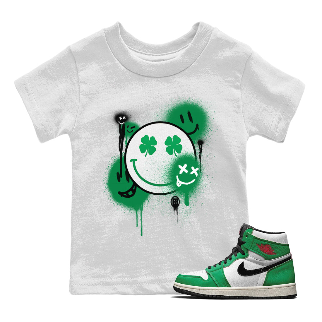 Jordan 1 Lucky Green Sneaker Matching T-Shirt Smile Painting Sneaker Tees Jordan 1 Lucky Green Sneaker Release Tees Kids Shirts