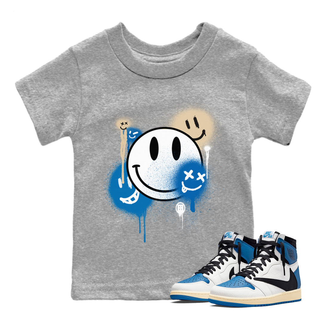 Jordan 1 Travis Scott Fragment Sneaker Matching T-Shirt Smile Painting Sneaker Tees Jordan 1 Travis Scott Fragment Sneaker Release Tees Kids Shirts