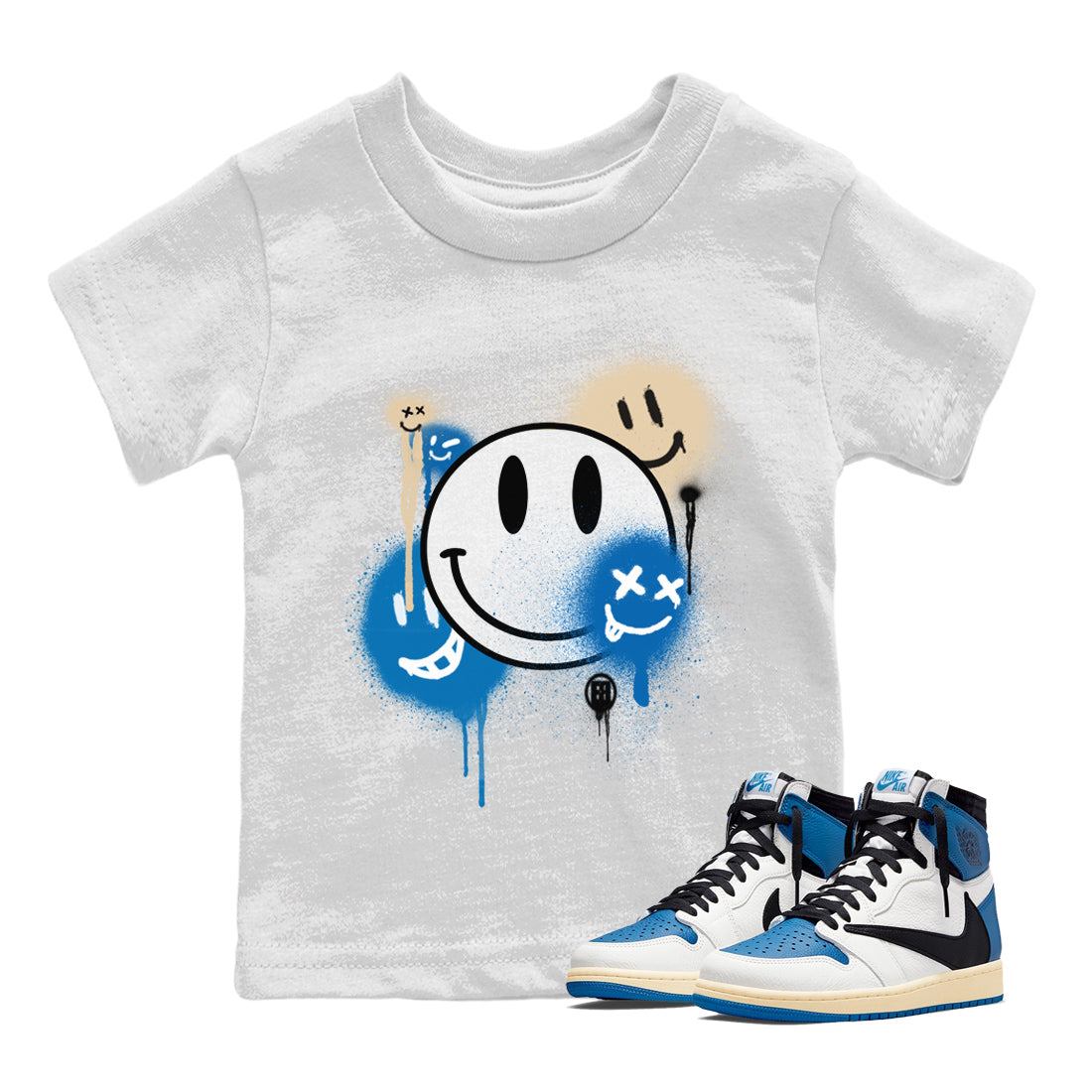 Jordan 1 Travis Scott Fragment Sneaker Matching T-Shirt Smile Painting Sneaker Tees Jordan 1 Travis Scott Fragment Sneaker Release Tees Kids Shirts