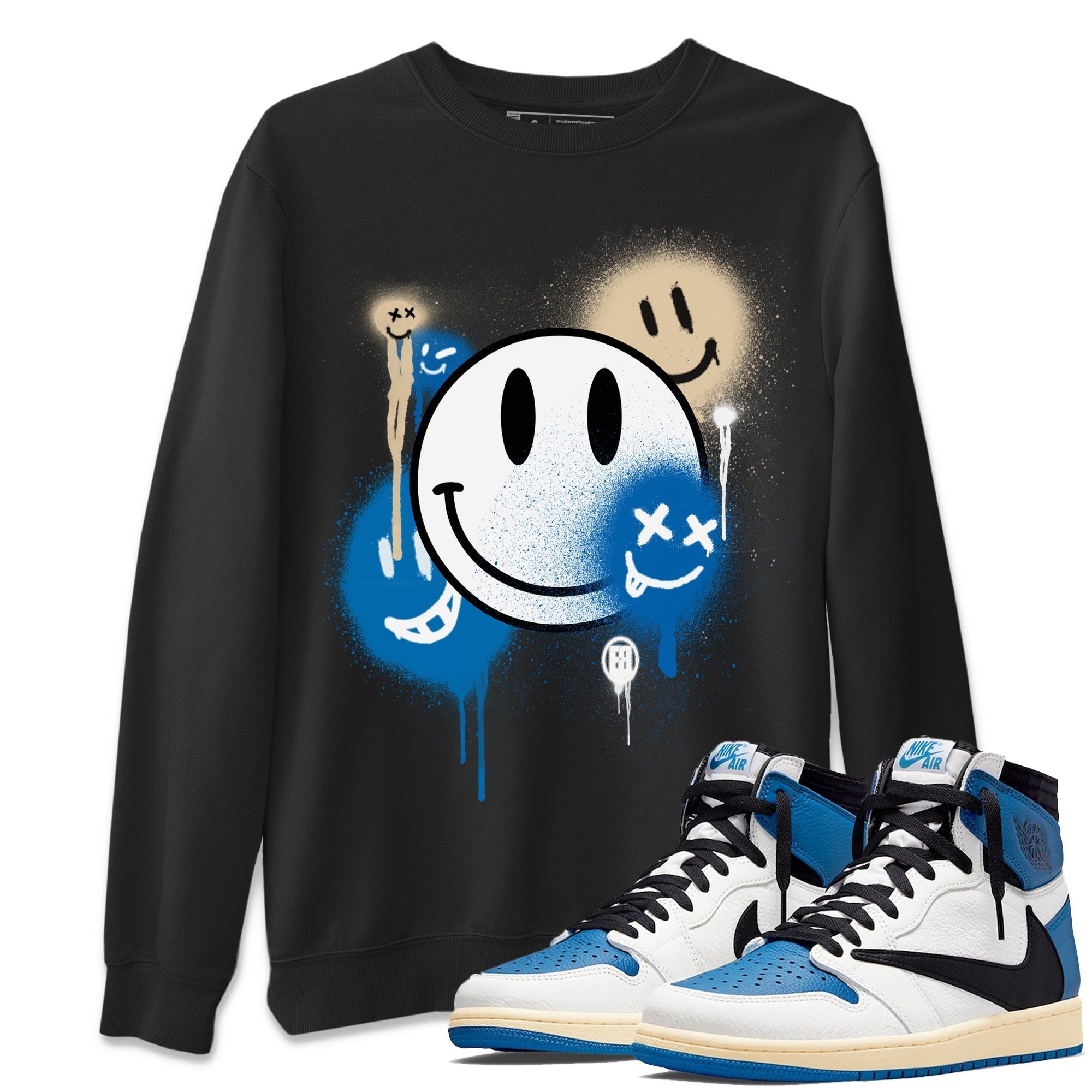 Jordan 1 Travis Scott Fragment Sneaker Matching T-Shirt Smile Painting Sneaker Tees Jordan 1 Travis Scott Fragment Sneaker Release Tees Crew Neck Tees