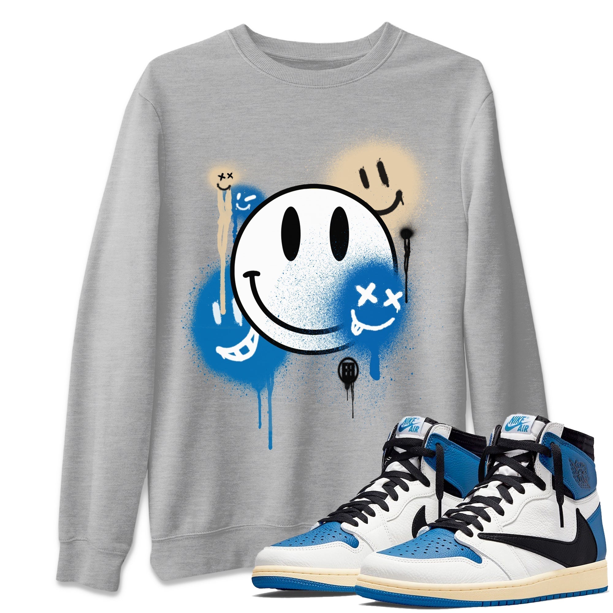 Jordan 1 Travis Scott Fragment Sneaker Matching T-Shirt Smile Painting Sneaker Tees Jordan 1 Travis Scott Fragment Sneaker Release Tees Crew Neck Tees