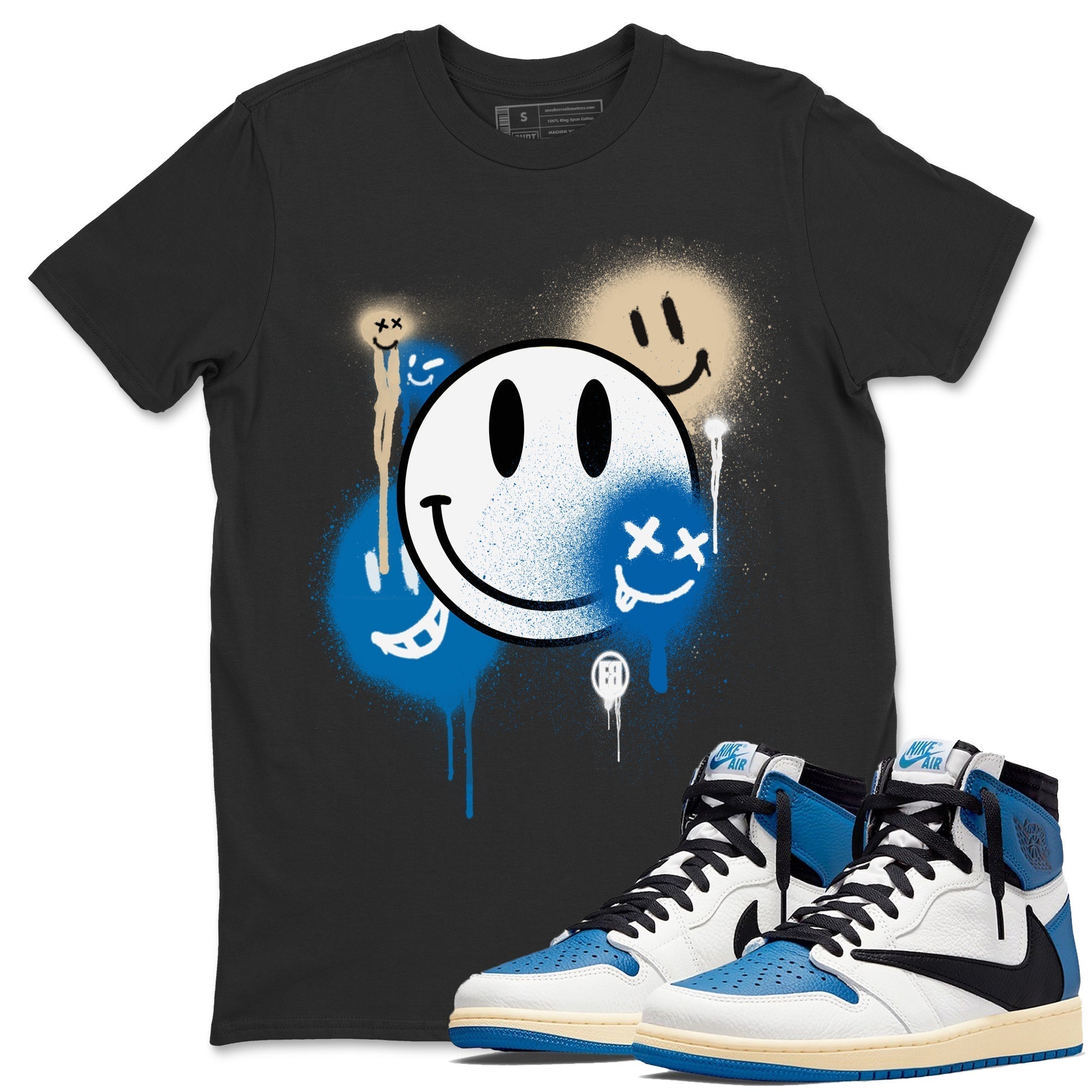 Jordan 1 Travis Scott Fragment Sneaker Matching T-Shirt Smile Painting Sneaker Tees Jordan 1 Travis Scott Fragment Sneaker Release Tees Crew Neck Tees