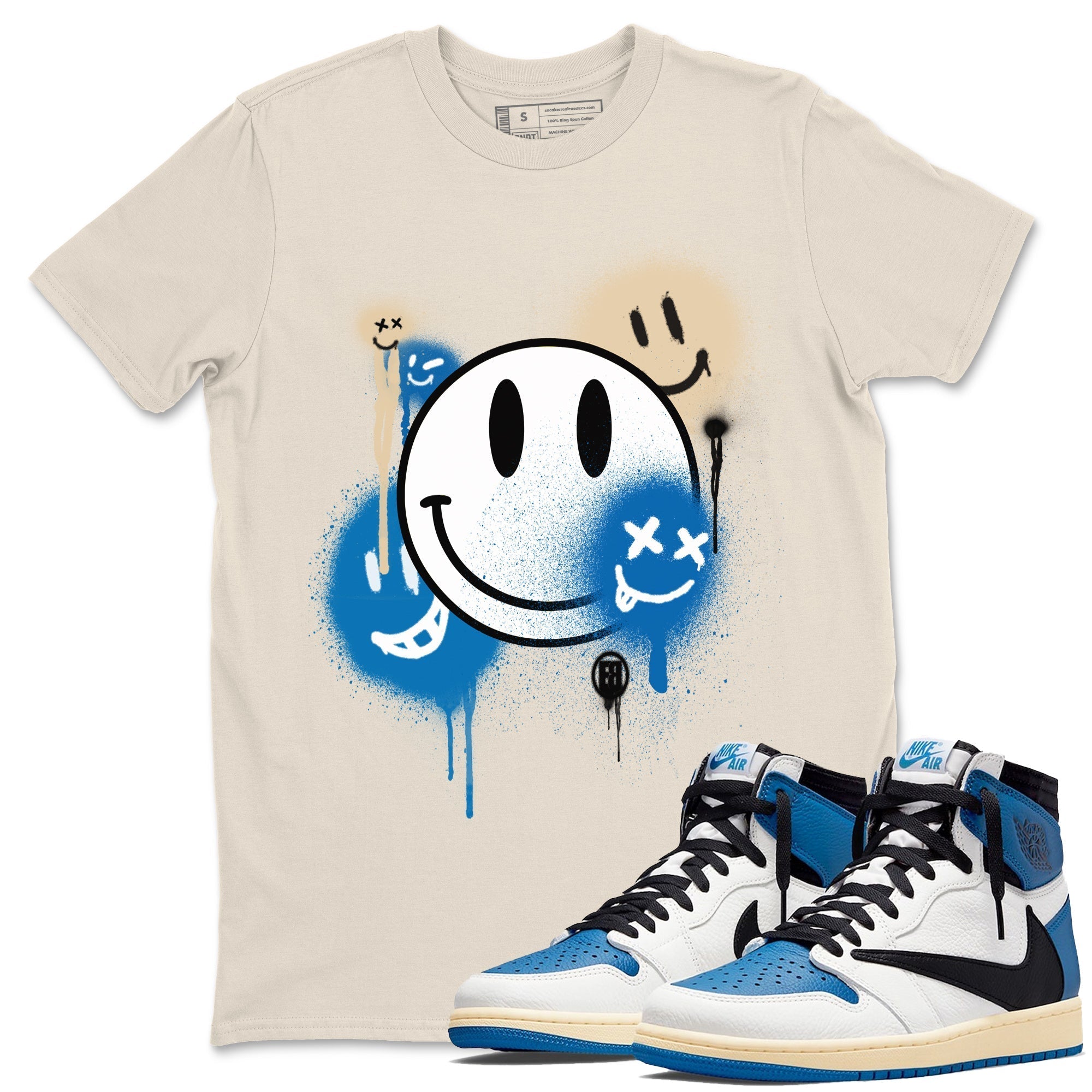 Jordan 1 Travis Scott Fragment Sneaker Matching T-Shirt Smile Painting Sneaker Tees Jordan 1 Travis Scott Fragment Sneaker Release Tees Crew Neck Tees
