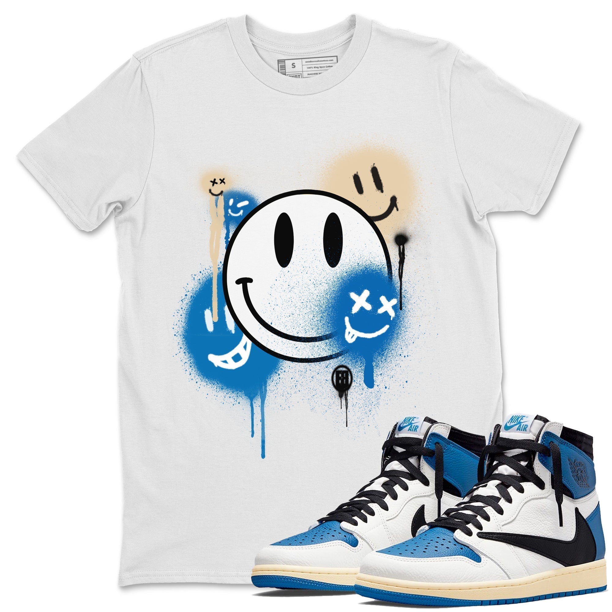 Jordan 1 Travis Scott Fragment Sneaker Matching T-Shirt Smile Painting Sneaker Tees Jordan 1 Travis Scott Fragment Sneaker Release Tees Crew Neck Tees