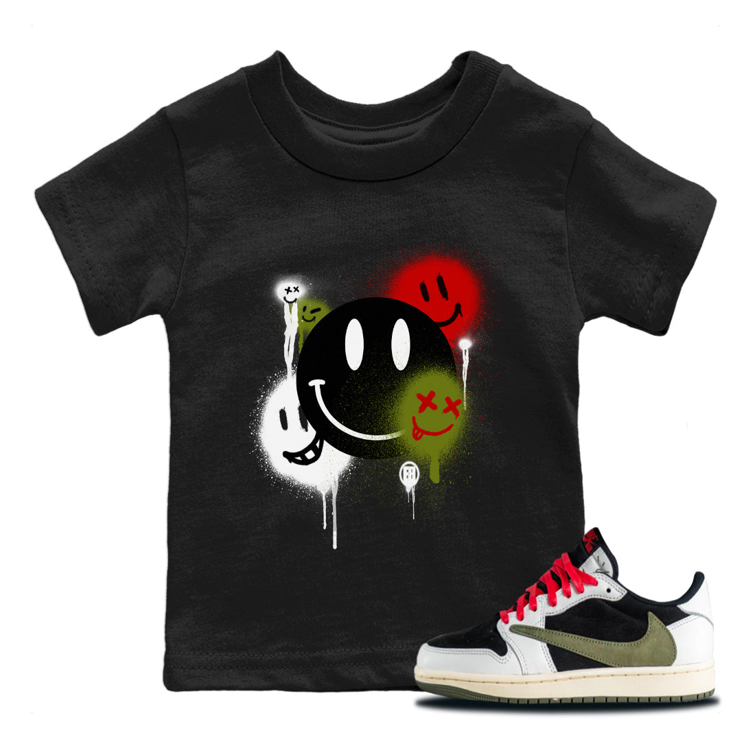 Air Jordan 1 Travis Scott Olive Sneaker Match Tees Smile Painting Streetwear Sneaker Shirt Air Jordan 1 Low x Travis Scott x Olive Sneaker Release Tees Kids Shirts Black 1