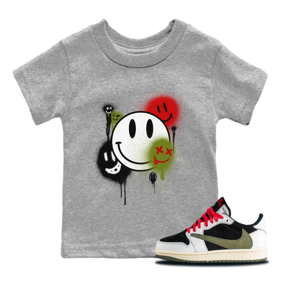 Air Jordan 1 Travis Scott Olive Smile Painting Baby and Kids Streetwear Sneaker Shirt Air Jordan 1 Low x Travis Scott x Olive Kids Streetwear Sneaker Shirt Size Chart