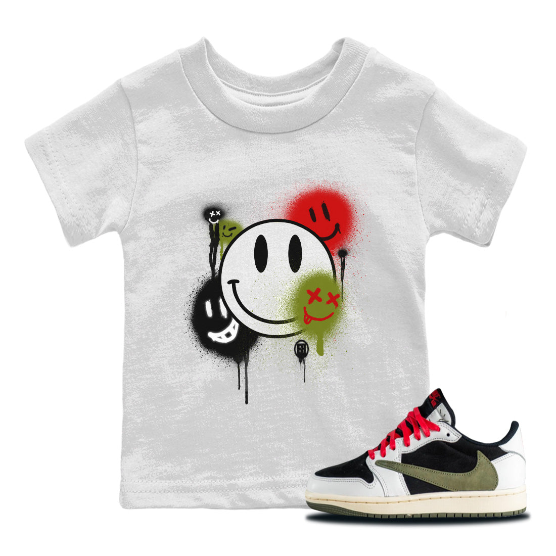 Air Jordan 1 Travis Scott Olive Sneaker Match Tees Smile Painting Streetwear Sneaker Shirt Air Jordan 1 Low x Travis Scott x Olive Sneaker Release Tees Kids Shirts White 1