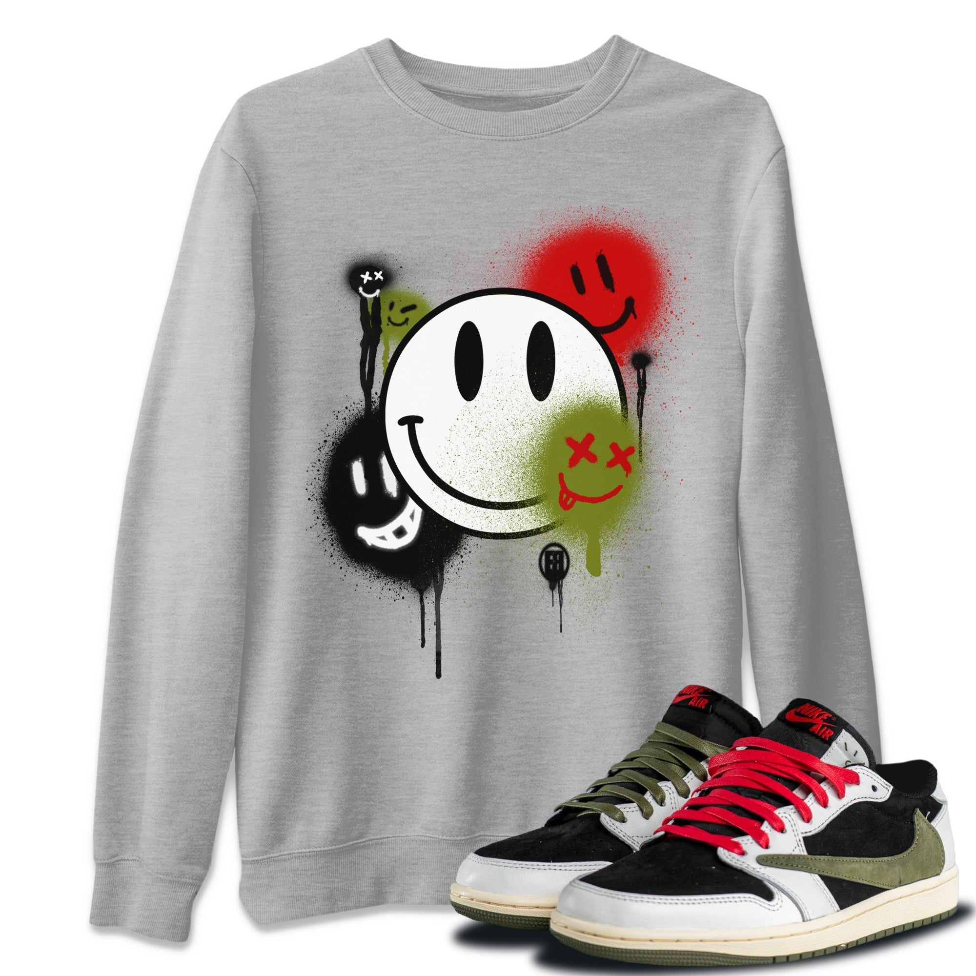 Air Jordan 1 Travis Scott Olive Sneaker Match Tees Smile Painting Streetwear Sneaker Shirt Air Jordan 1 Low x Travis Scott x Olive Sneaker Release Tees Unisex Shirts Heather Grey 1