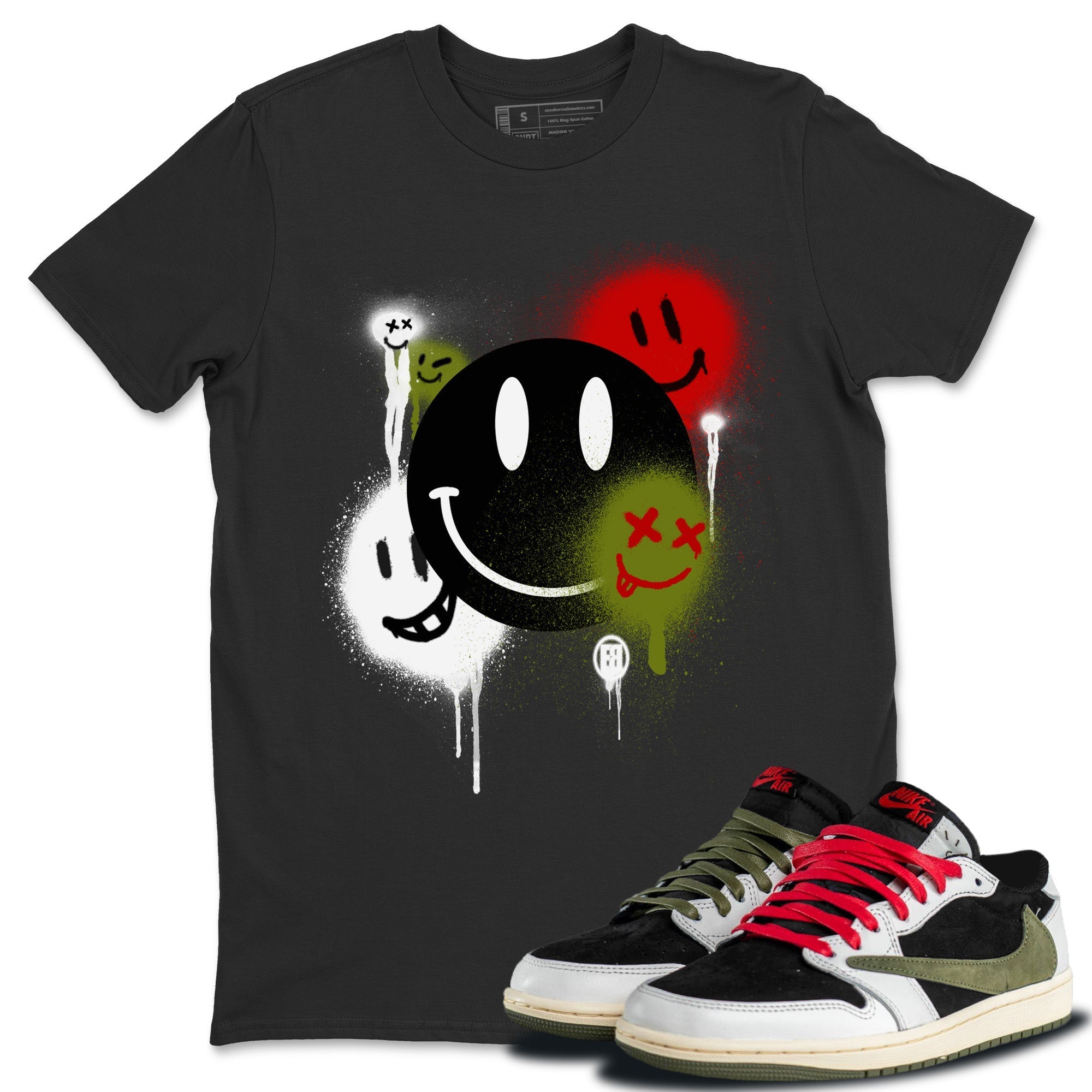Air Jordan 1 Travis Scott Olive Sneaker Match Tees Smile Painting Streetwear Sneaker Shirt Air Jordan 1 Low x Travis Scott x Olive Sneaker Release Tees Unisex Shirts Black 1