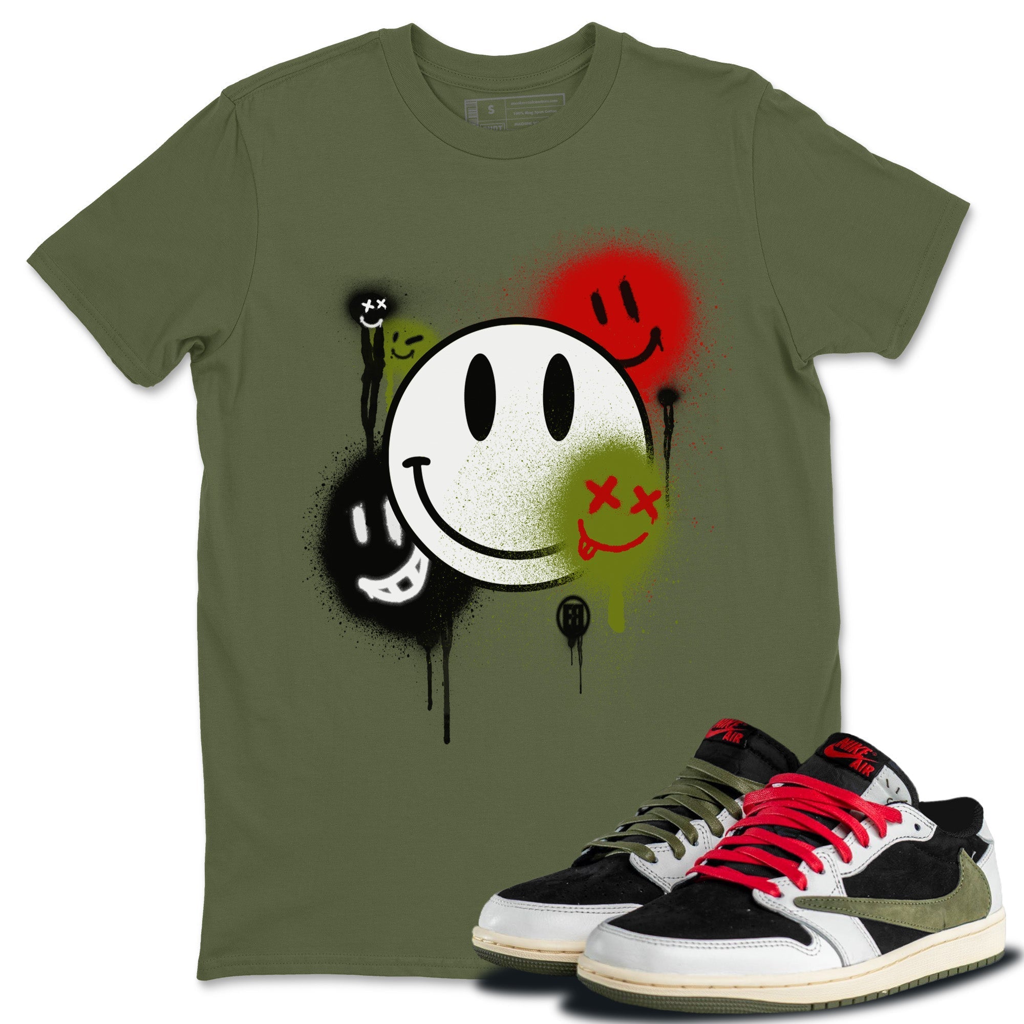 Air Jordan 1 Travis Scott Olive Smile Painting Crew Neck Streetwear Sneaker Shirt Air Jordan 1 Low x Travis Scott x Olive Sneaker T-Shirts Size Chart