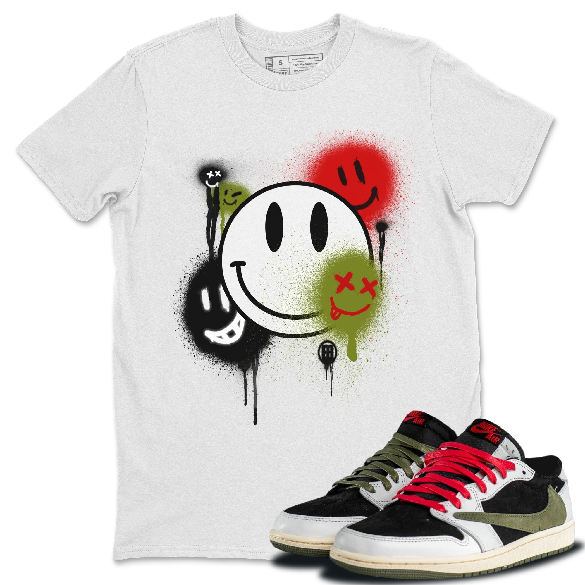 Air Jordan 1 Travis Scott Olive Sneaker Match Tees Smile Painting Streetwear Sneaker Shirt Air Jordan 1 Low x Travis Scott x Olive Sneaker Release Tees Unisex Shirts White 1