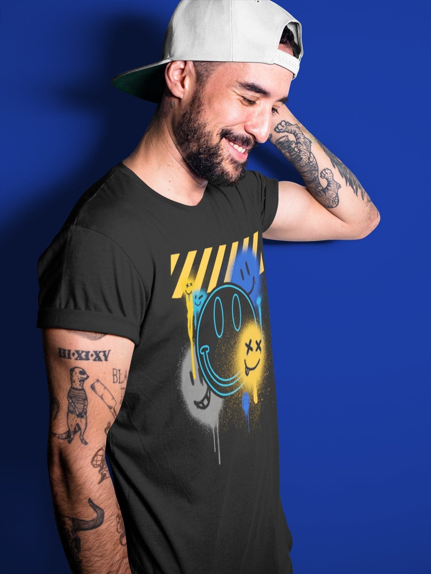 Jordan 2 OFF-WHITE Black Blue Shirt To Match Jordans Smile Painting Sneaker Tees Jordan 2 OFF-WHITE Black Blue Drip Gear Zone Sneaker Matching Clothing Unisex Shirts