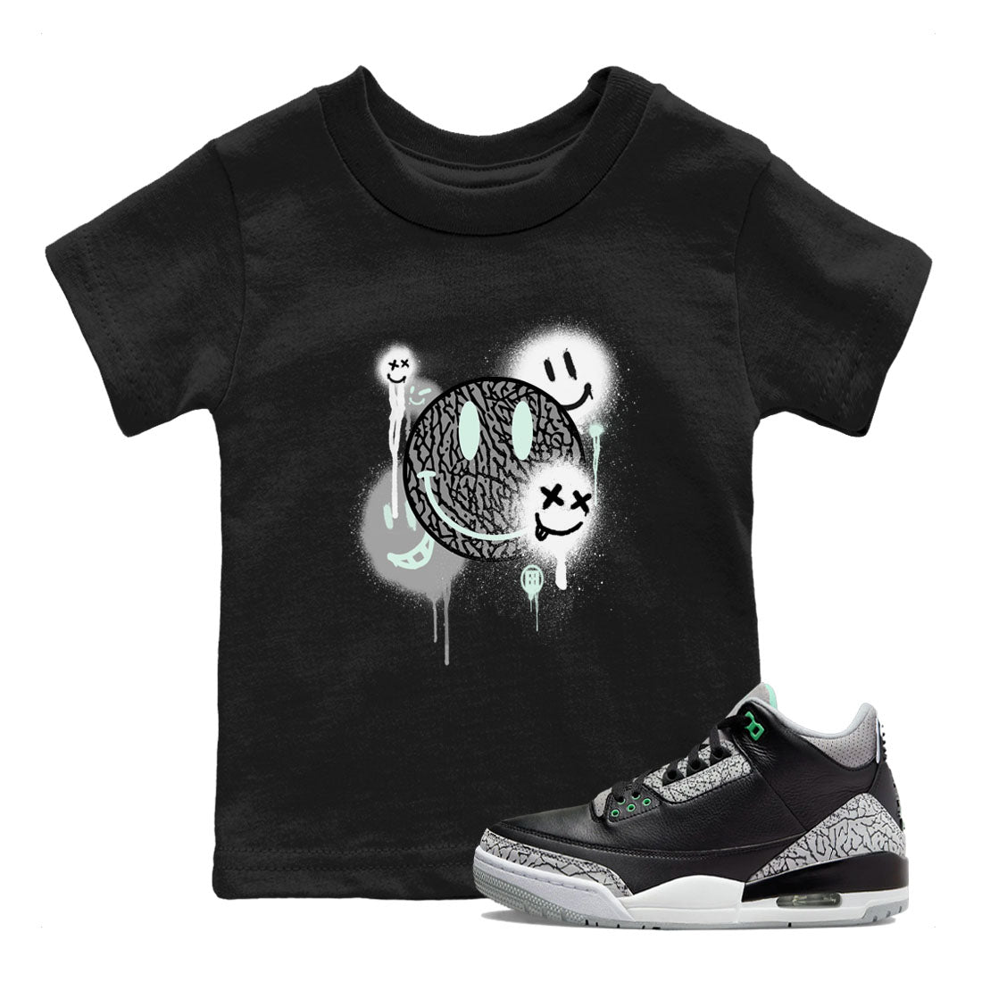 3s Green Glow shirt to match jordans Smile Painting sneaker tees Air Jordan 3 Green Glow Drip Gear Zone baby toddler Black 1 cotton Shirt