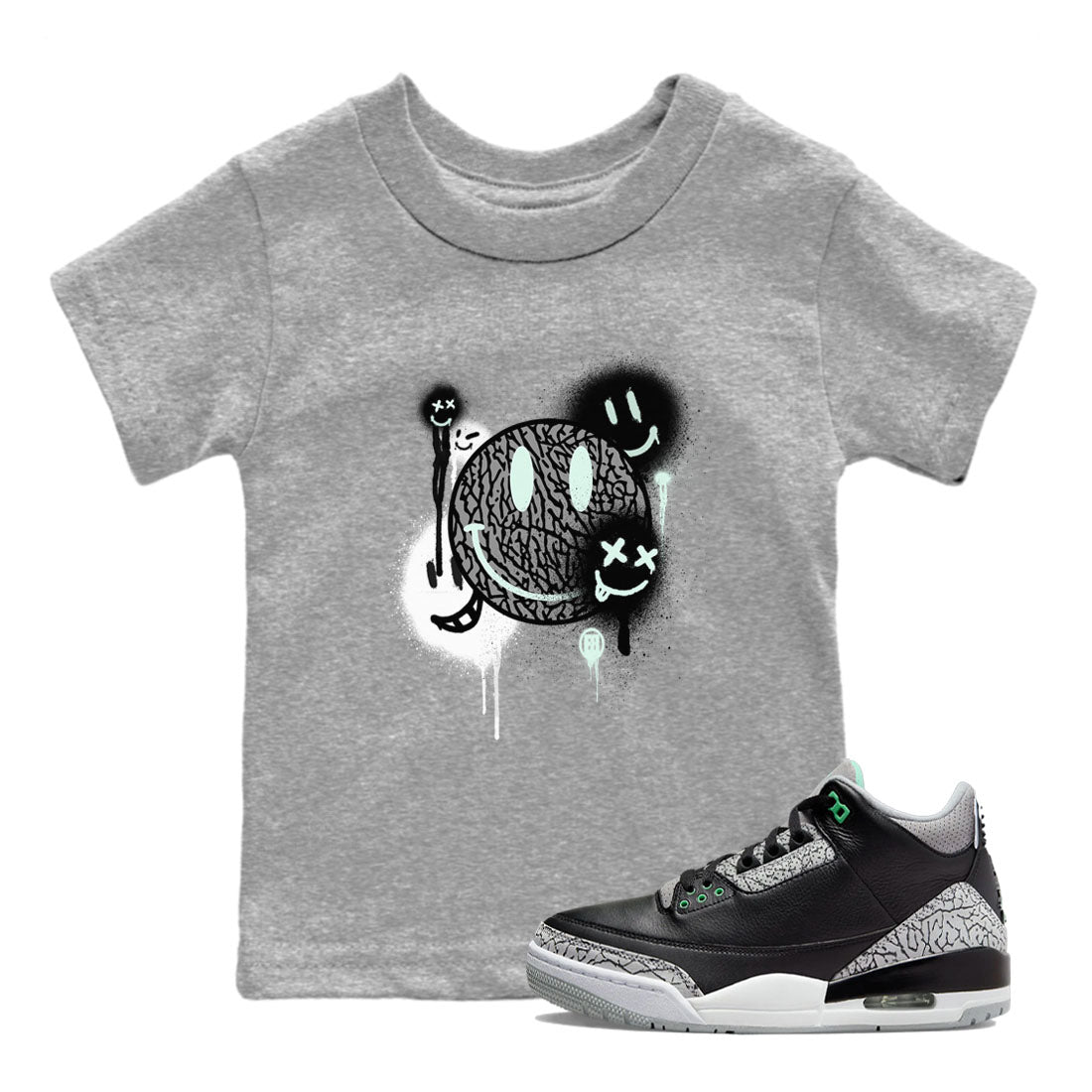 3s Green Glow shirt to match jordans Smile Painting sneaker tees Air Jordan 3 Green Glow Drip Gear Zone baby toddler Heather Grey 1 cotton Shirt