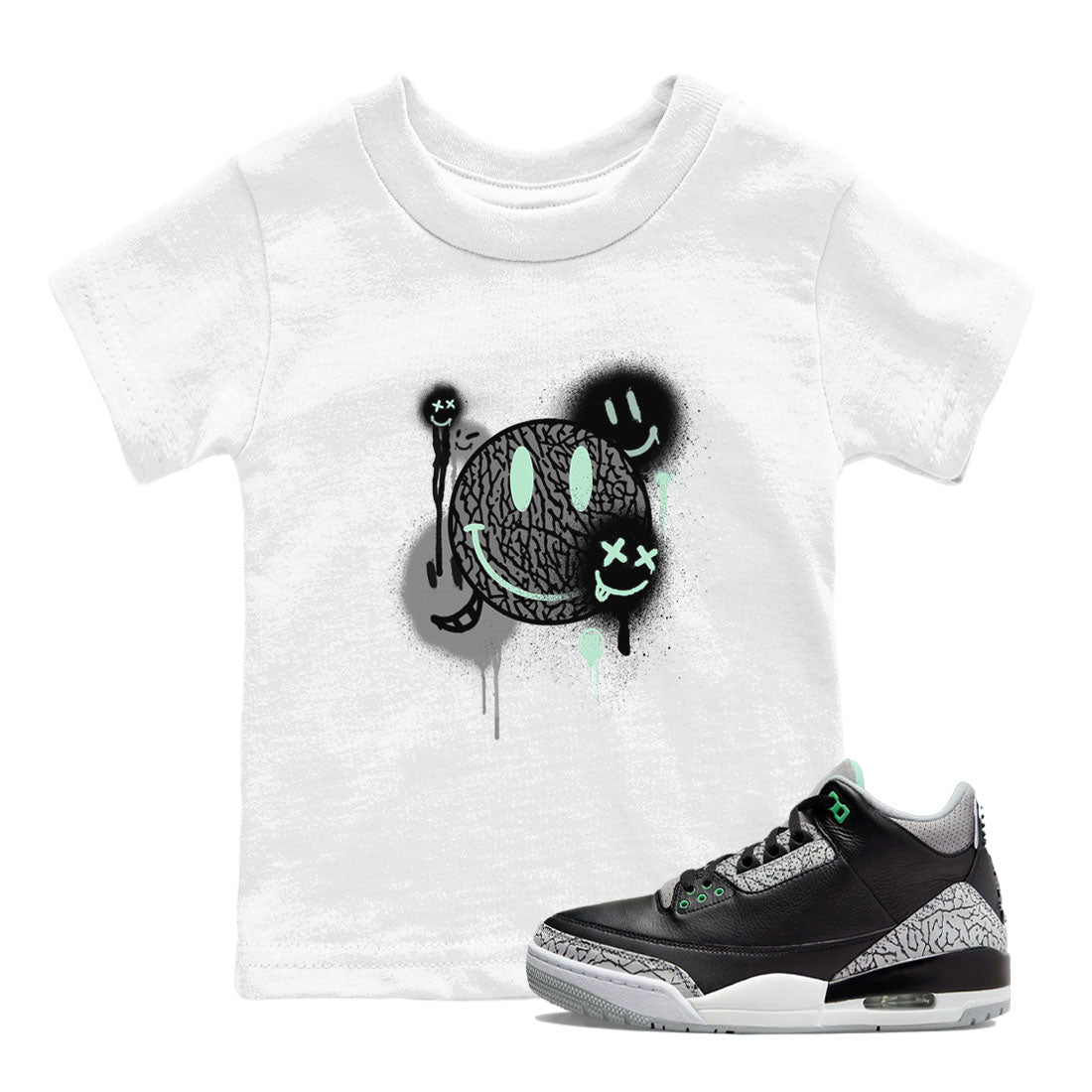3s Green Glow shirt to match jordans Smile Painting sneaker tees Air Jordan 3 Green Glow Drip Gear Zone baby toddler White 1 cotton Shirt