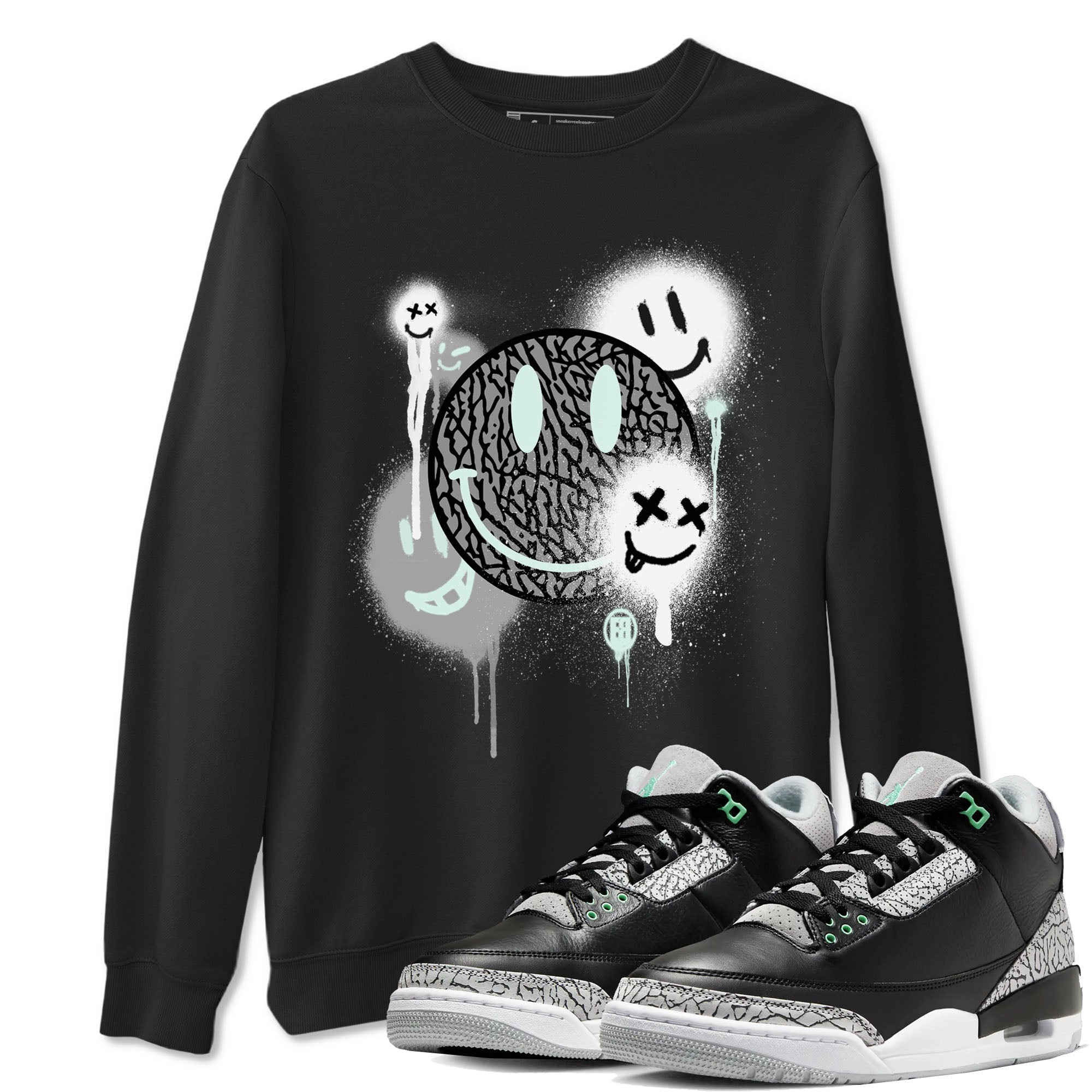 3s Green Glow shirt to match jordans Smile Painting sneaker tees Air Jordan 3 Green Glow Drip Gear Zone unisex cotton Black 1 crew neck shirt