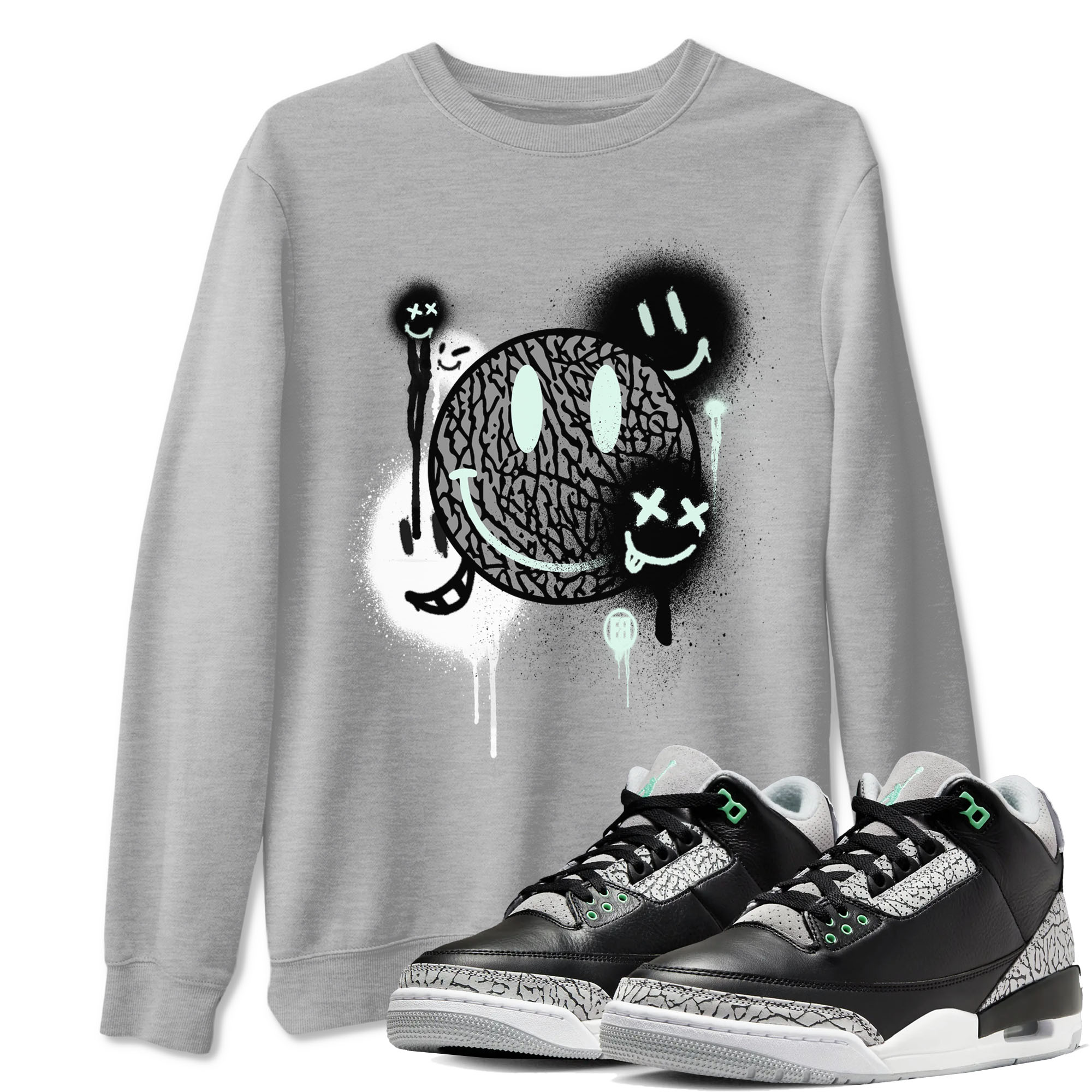 3s Green Glow shirt to match jordans Smile Painting sneaker tees Air Jordan 3 Green Glow Drip Gear Zone unisex cotton Heather Grey 1 crew neck shirt